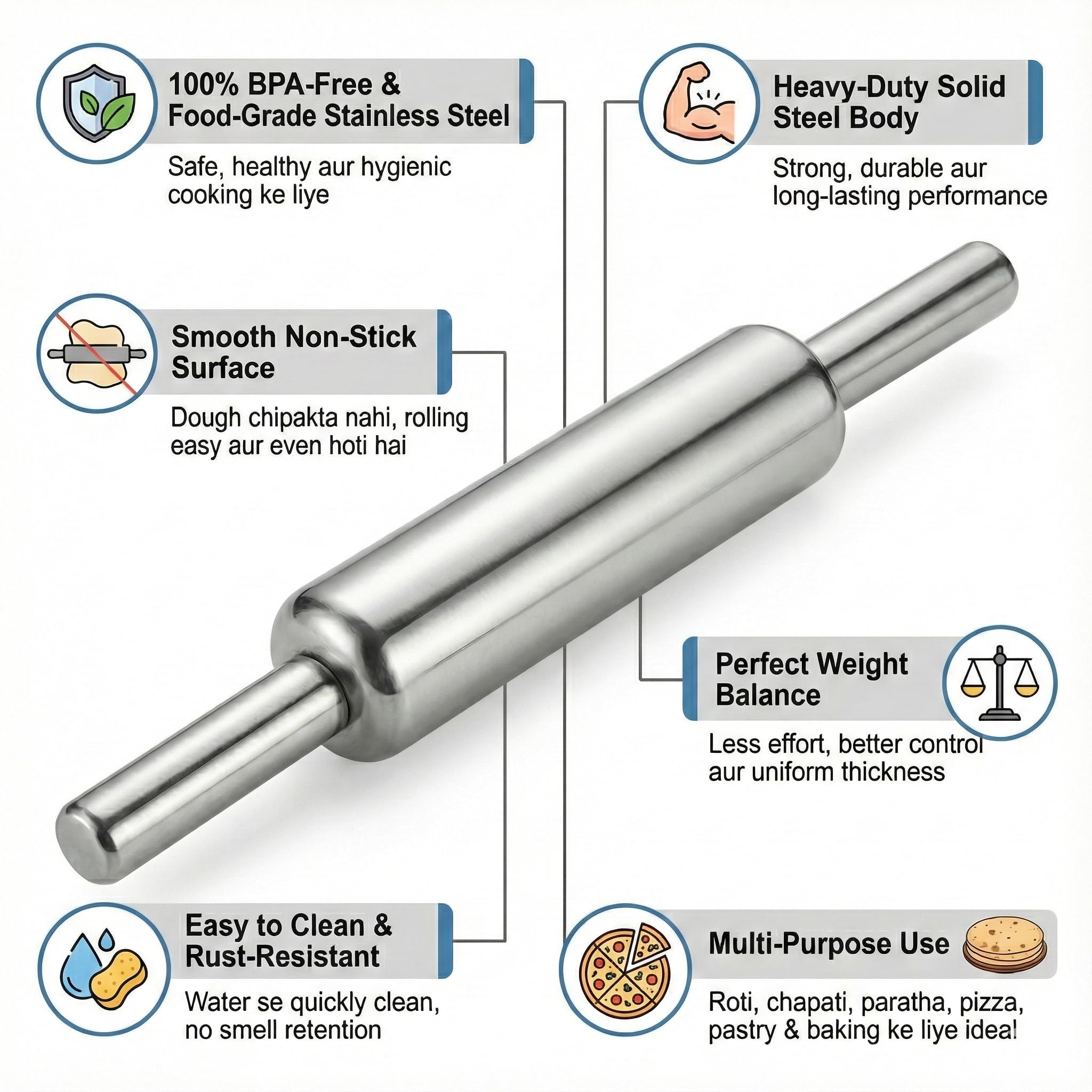 Touchlix - Stainless Steel Rolling Pin for Kitchen, 31 cm Heavy Duty Metal Roti Roller, Belan with Perfect Weight Balance for Chapati, Paratha and Pastry, Steel Belan 3