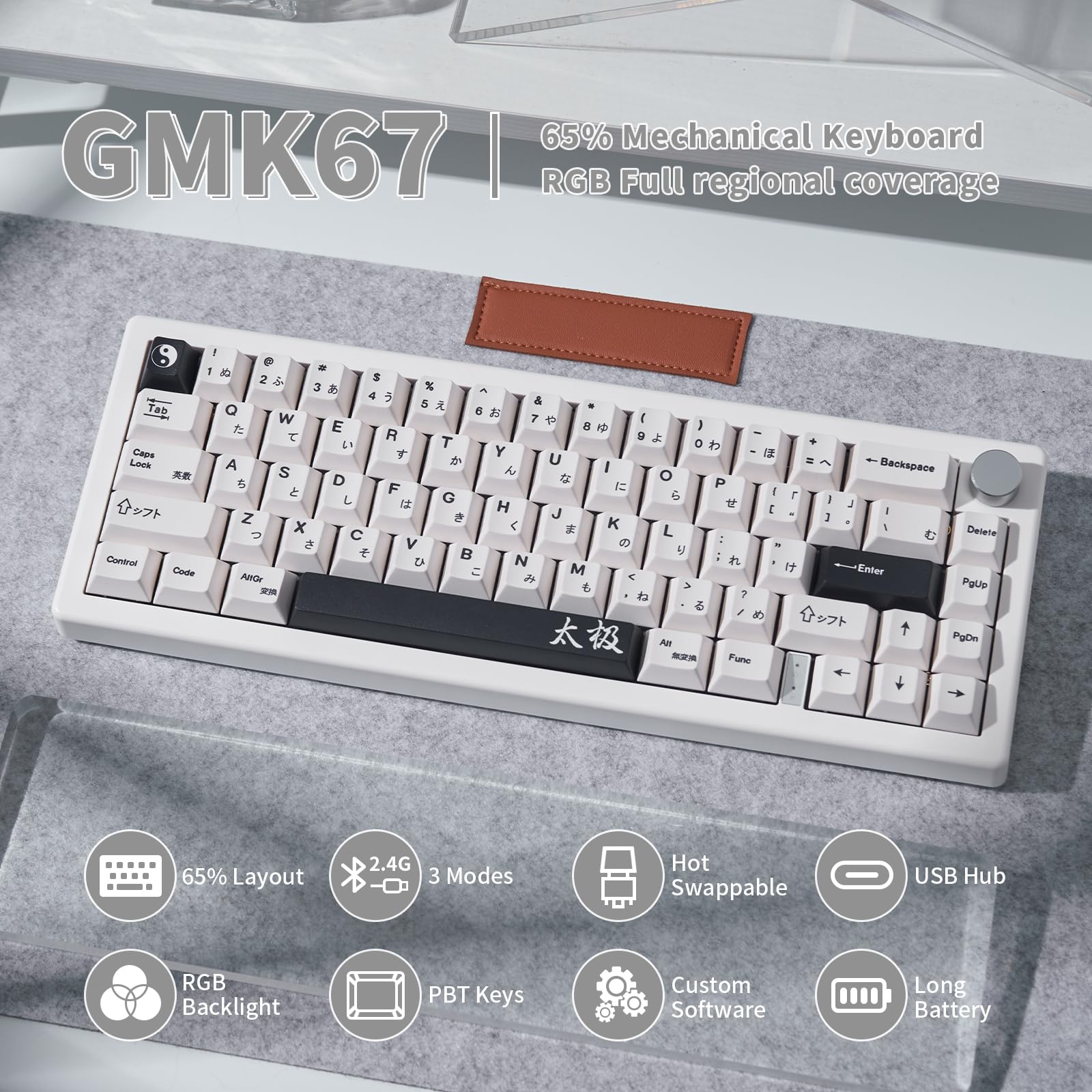 SUEHIODHY GMK67 White Japanese Mechanical Keyboard Hot-Swappable Bluetooth/2.4G/Type-C 65% Custom RGB Keyboard with Linear Lubed Switches VIA Programmable Volume Knob for Win/Mac/iOS 2
