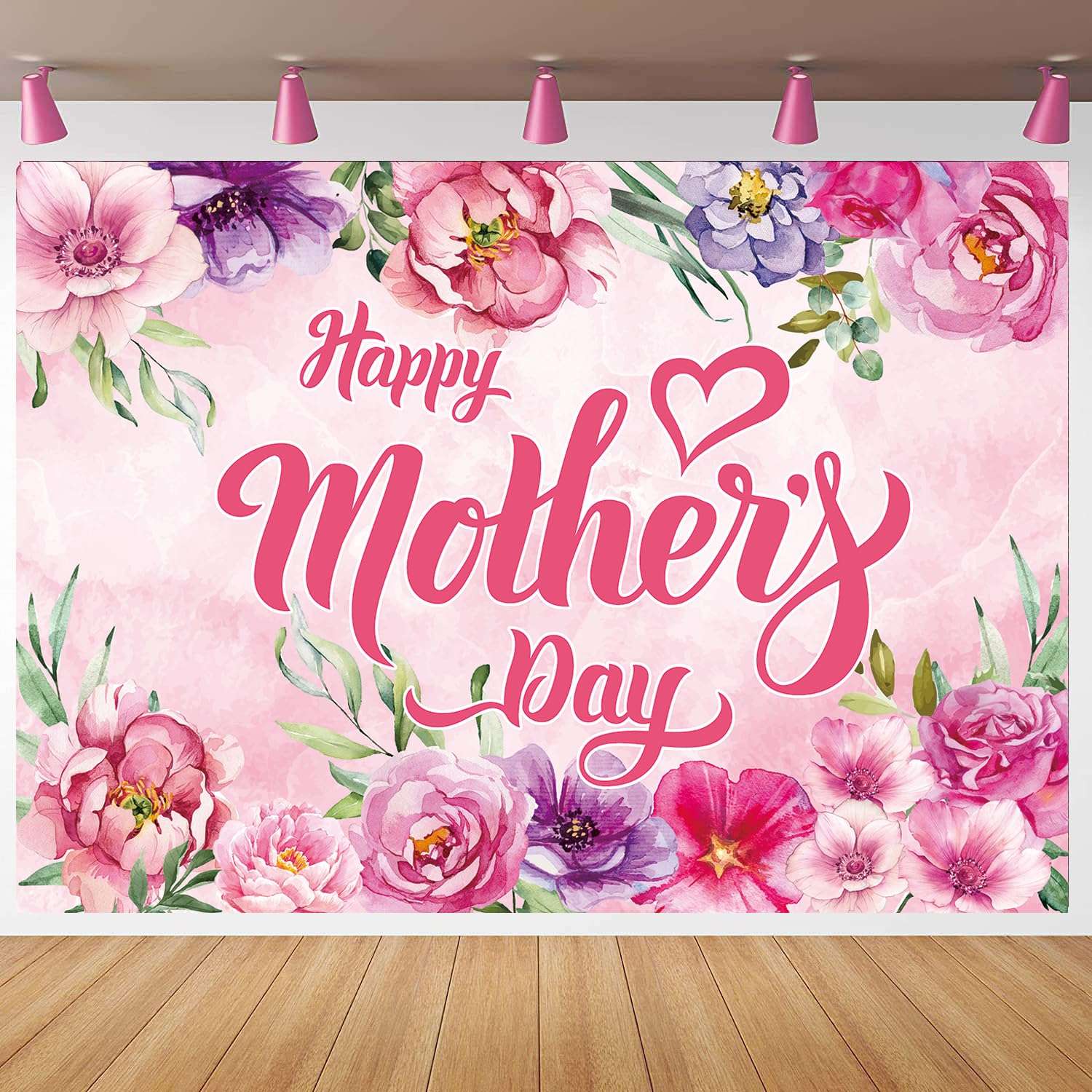 Happy Mother's Day Party Backdrop 10x8FT I Love Mom Photography Background Pink Flower Women Queen's Day Thanks Mama Banner Photo Props 120x96 inch 3