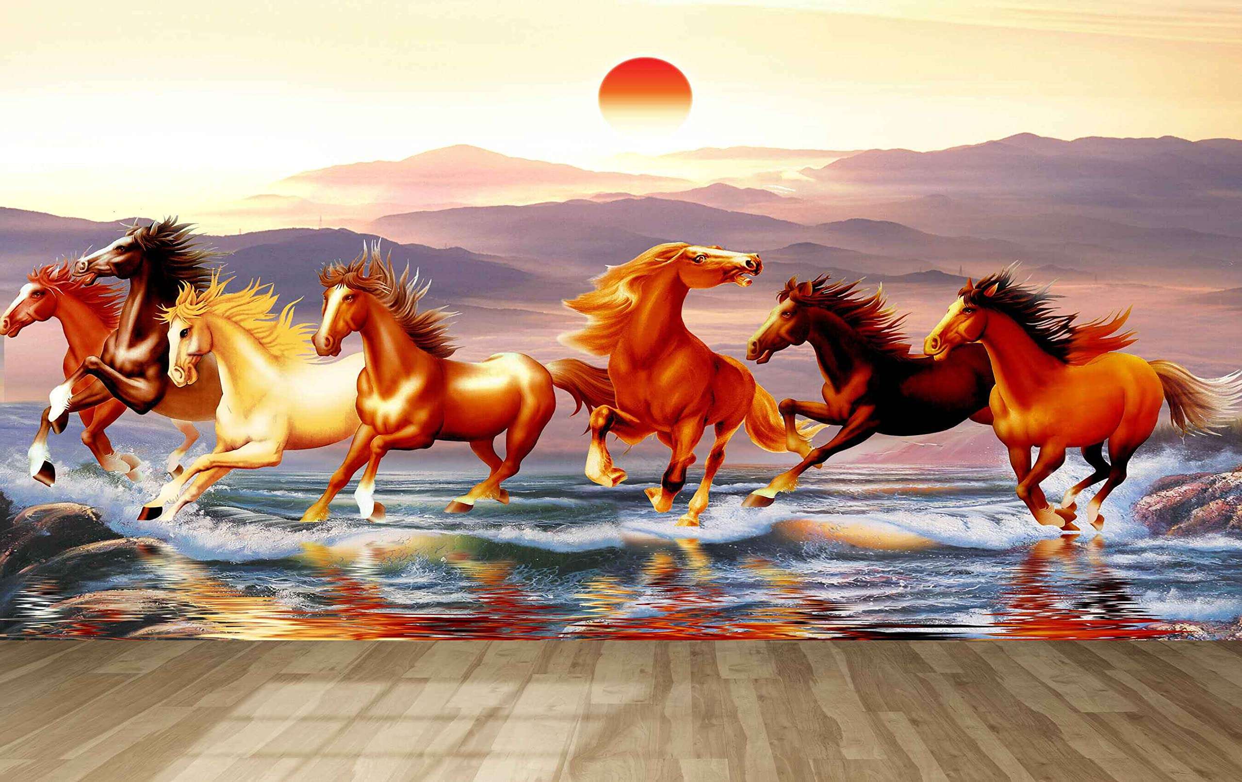 Mystic Walls MWZ3781 Seven 7 Horses Racing Sun Mountains Water HD 3D Seven Horses Wallpaper[4 ft x 3 ft] / [122 cm x 91 cm] 5