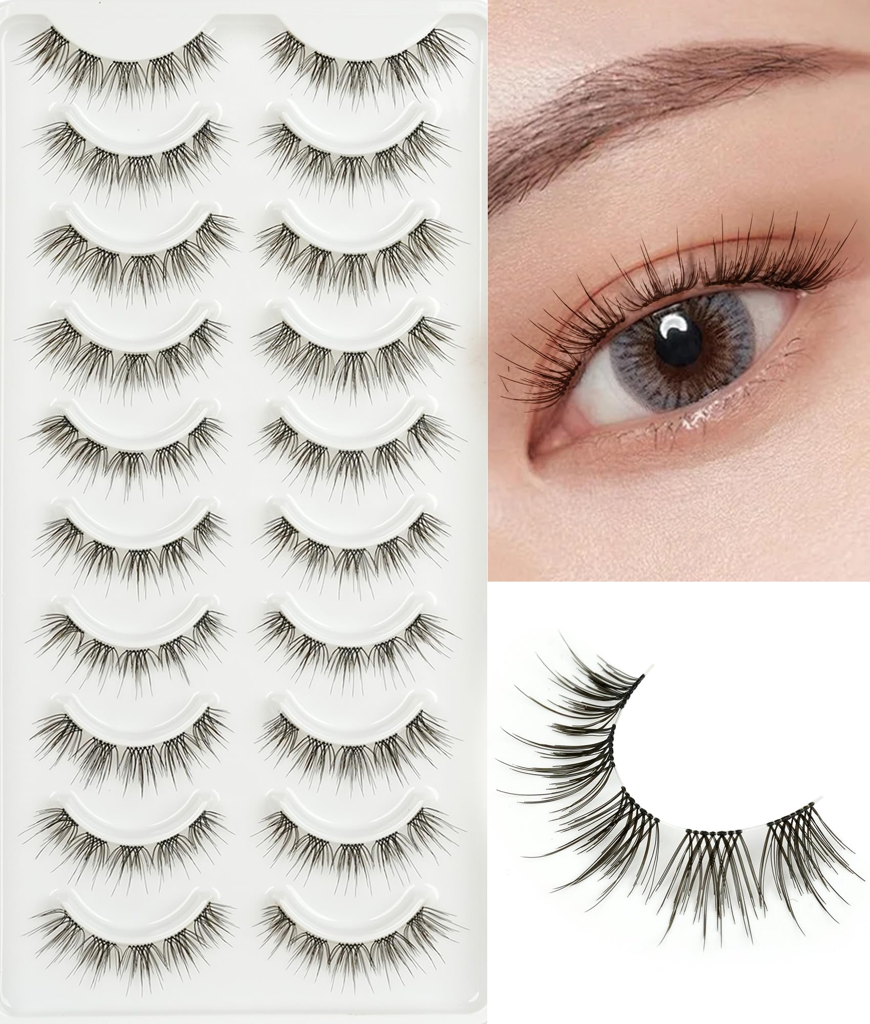 MERETON False Eyelashes Natural Look 10 Pairs False Lashes Strip Natural lashes Invisible Clear Thin Band Lightweight Fluffy Wispy Spiky 3D Volume Eye Lashes 7-10mm 4