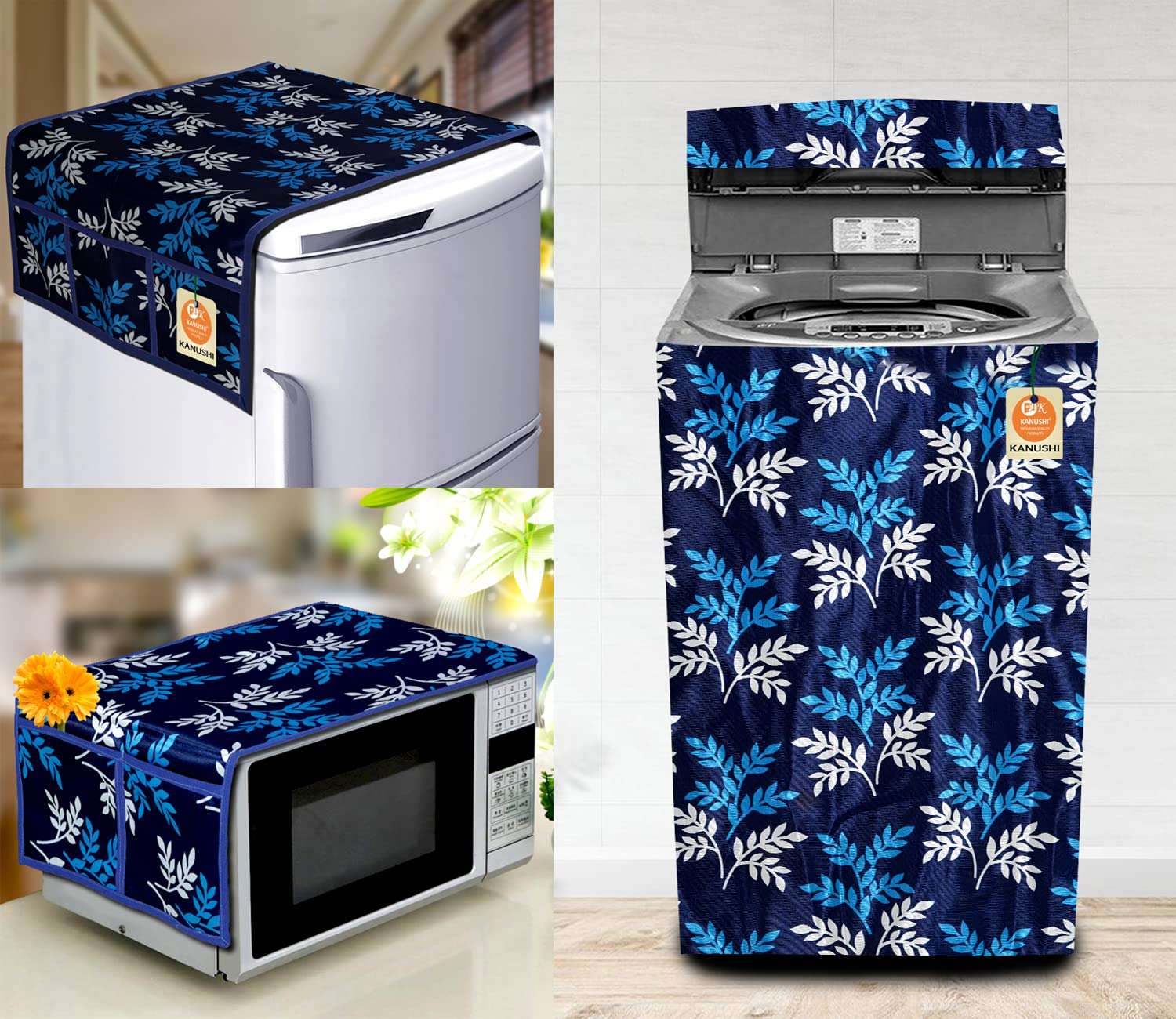KANUSHI Industries® Microwave/Oven Top Cover + 1 Pc Top Load Fully Automatic Washing Machine Cover + 1 Pc Fridge/Refrigerator Top Cover(CPY2-FRI+Micro+W.M-Fully-Blue-Small-LEVS) 1