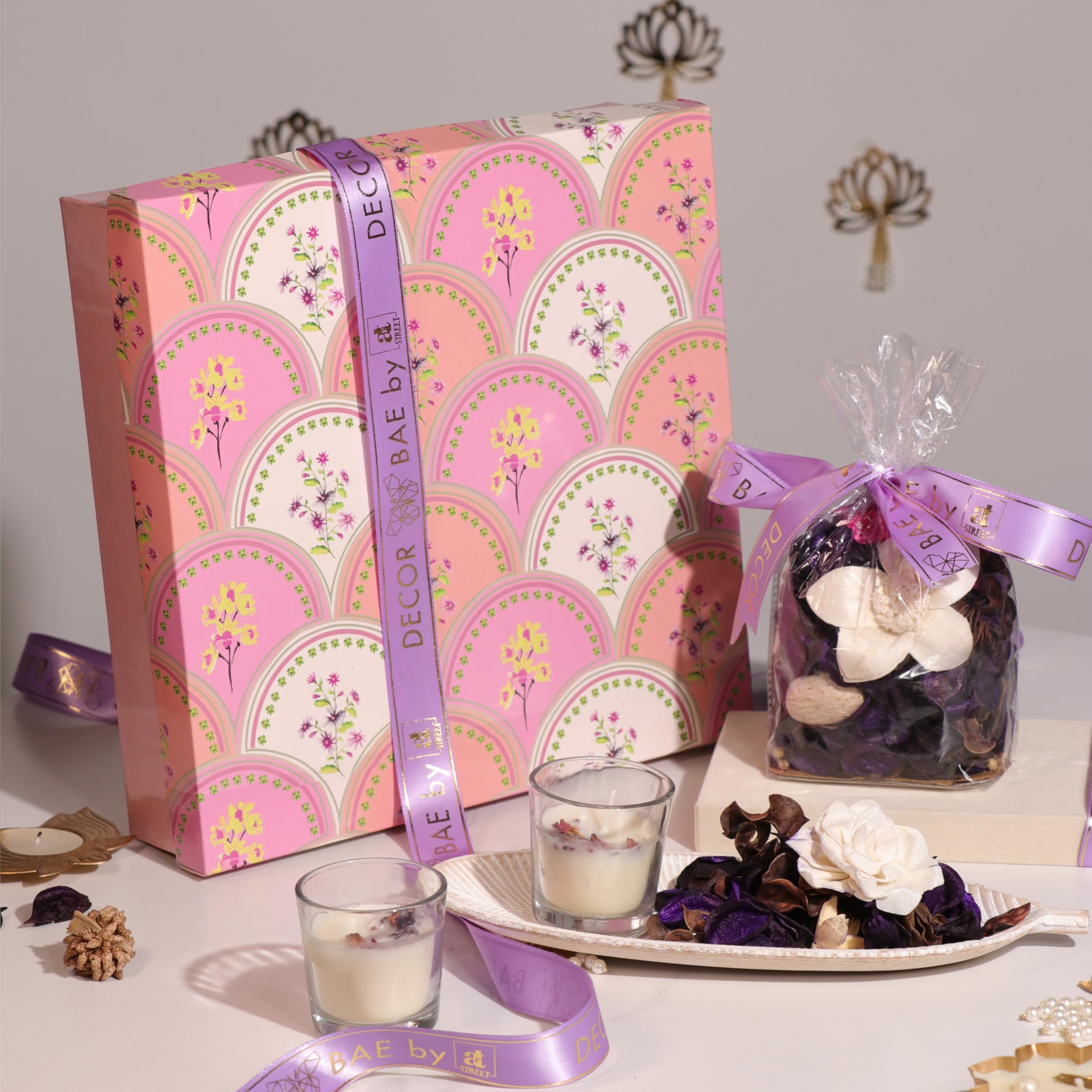 Art Street Diwali Gift Hamper Box with Mogra Scent Potpourri, Glass Candle and Tray for Diwali Celebration and Gift for Family, Friends and Relatives (Pack of 4) 3