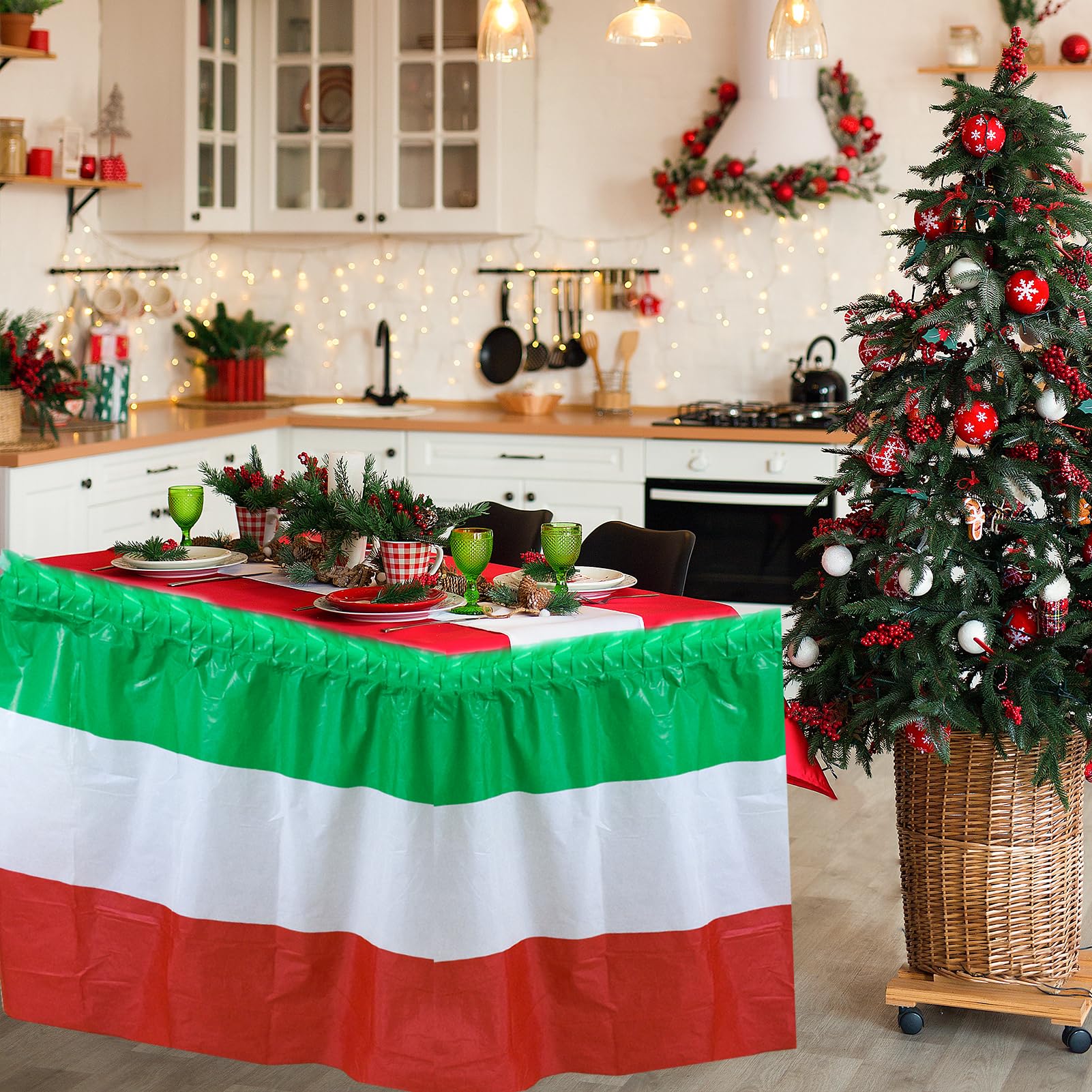 2 Pack Christmas Table Skirts Xmas Table Skirts Red White and Green Table Skirts for Rectangle Table Disposable Table Skirts for Christmas Birthday Table Skirt Party Decorations 2.4 x14 Ft 5