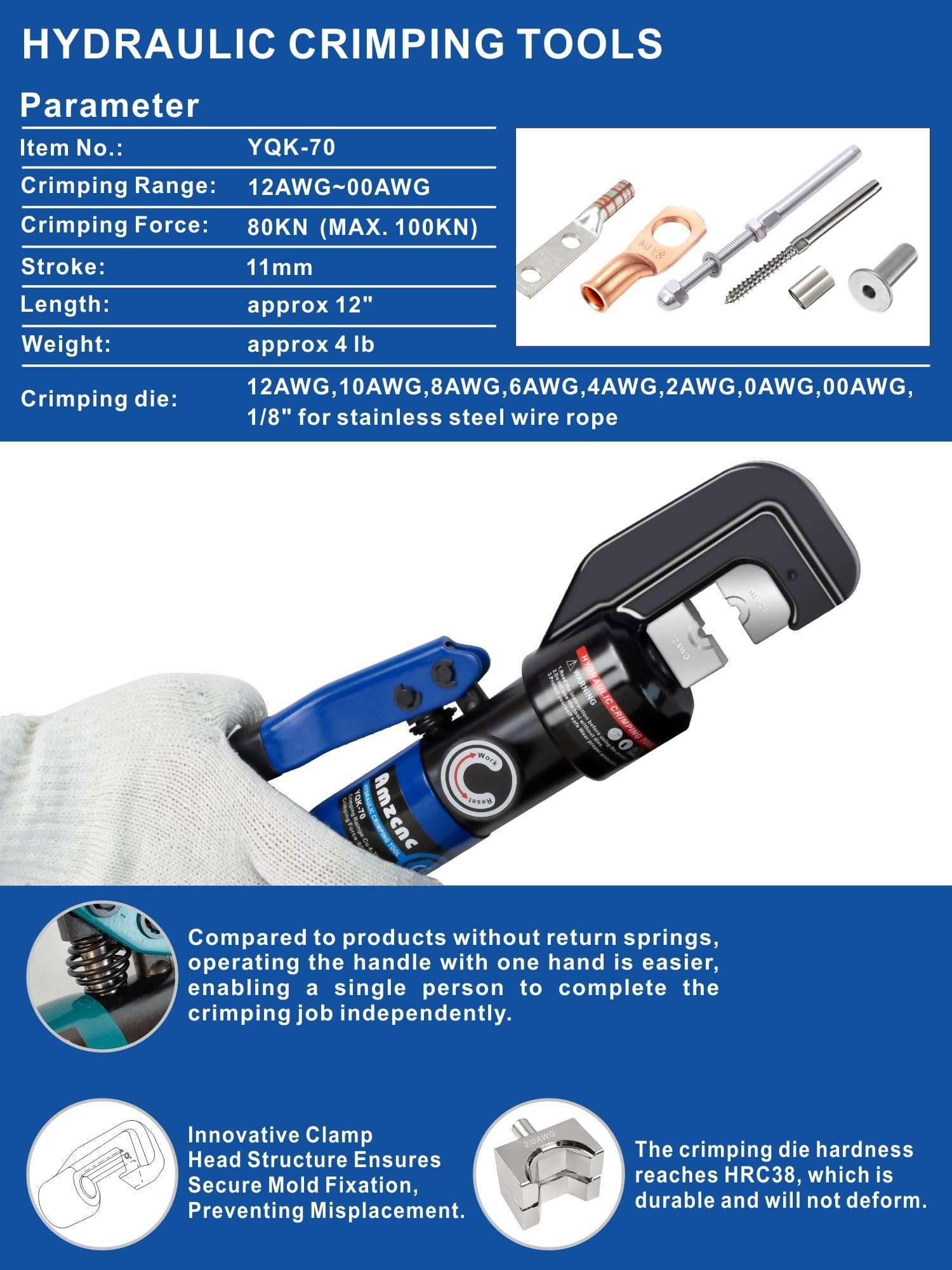 AMZCNC Hydraulic Crimping Tool and Cable Cutter Hydraulic Cable Lug Crimper 8 US TON 12 AWG to 00 (2/0) Electrical Terminal Cable Wire Tool Kit with 9 Die 2