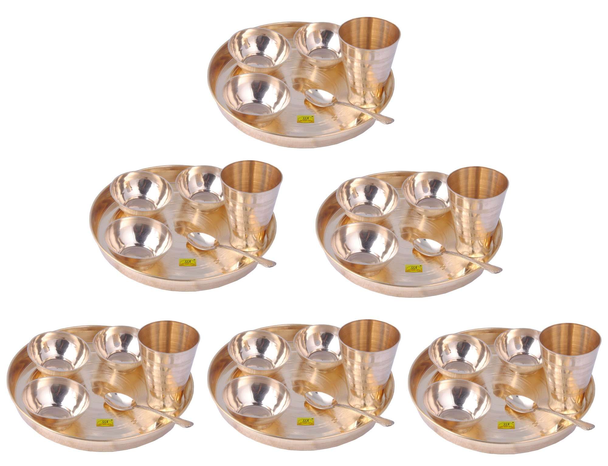 SHIV SHAKTI ARTS Set of 6 Brass Thali Set Luxury Design 6 pcs Each 3 Brass bowls1 glass1 Plate & 1 Spoon Restaurant Ware Home Hotel 1