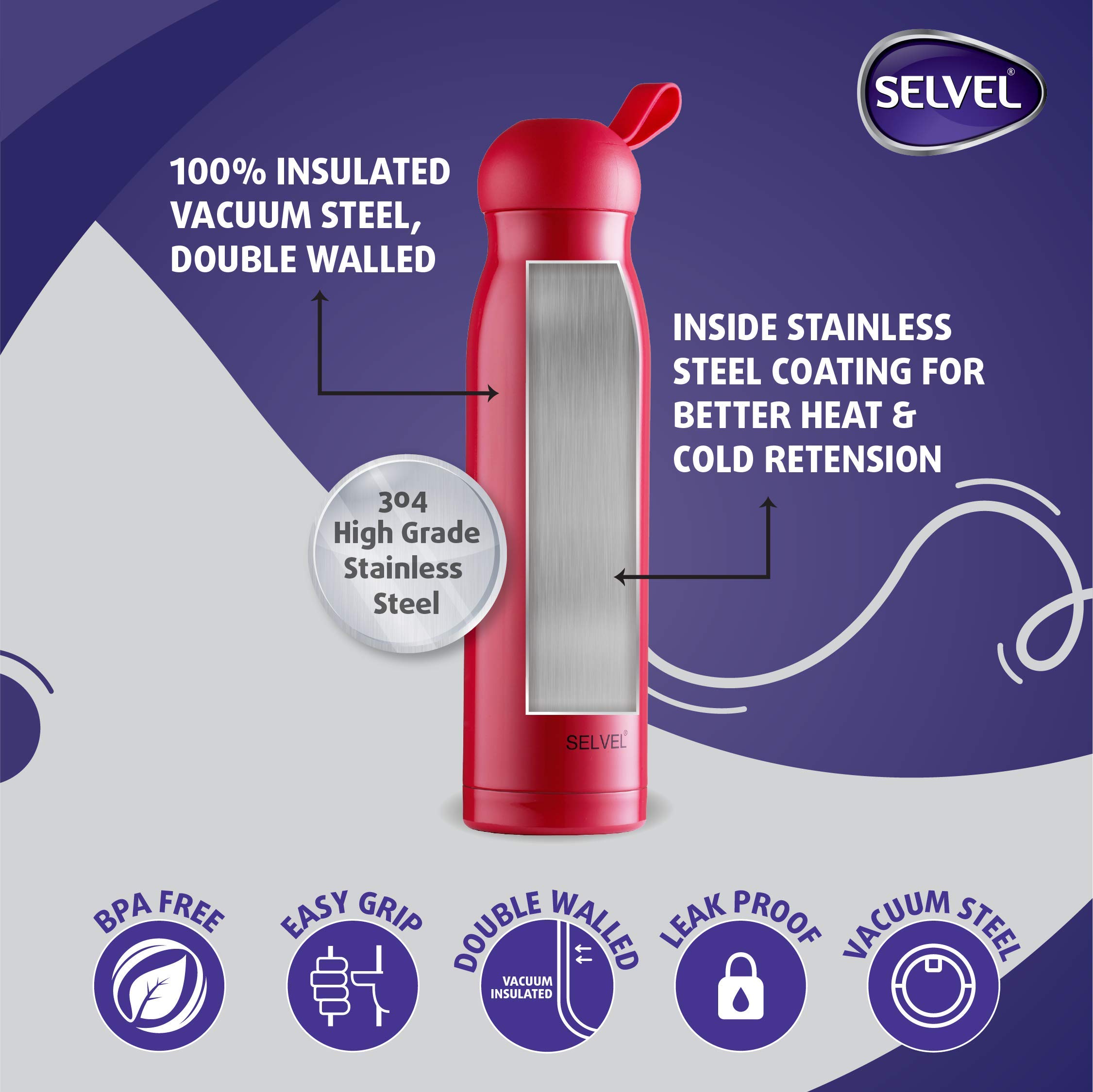 Selvel Stainless Steel Water Bottle for 12 Hours Hot & Cold Water/Beverages | Thermosteel Double Wall Vacuum Insulated Stainless Steel Water Bottle | BPA Free & Leak Proof - 600 ML (Crimson Red) 4