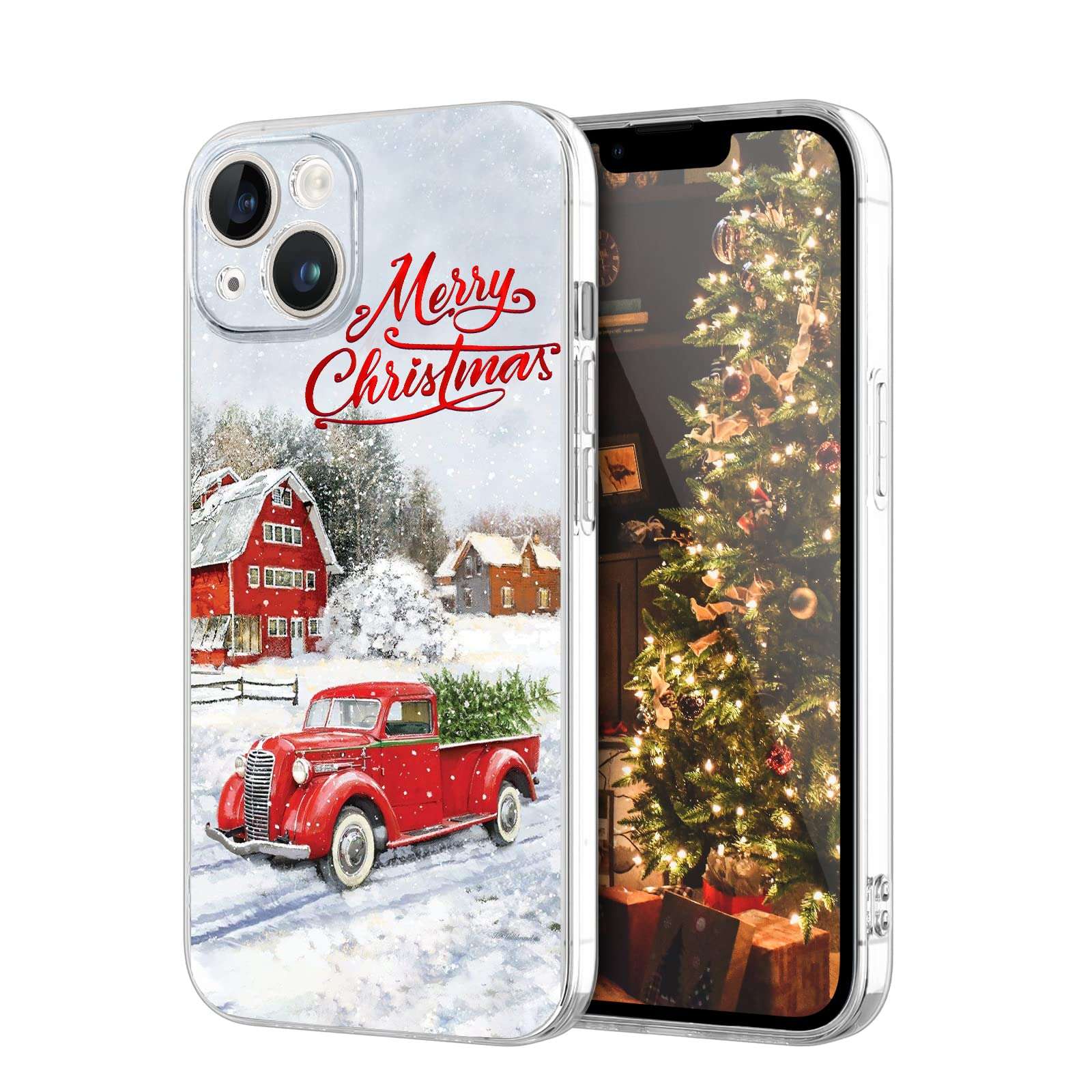 Newseego Compatible iPhone 14 Christmas Case, Shockproof Anti-Yellow Hard PC + TPU Bumper Protective Cover Phone Case for Girls Children Cute Merry iPhone 14 Case -Red Car 1
