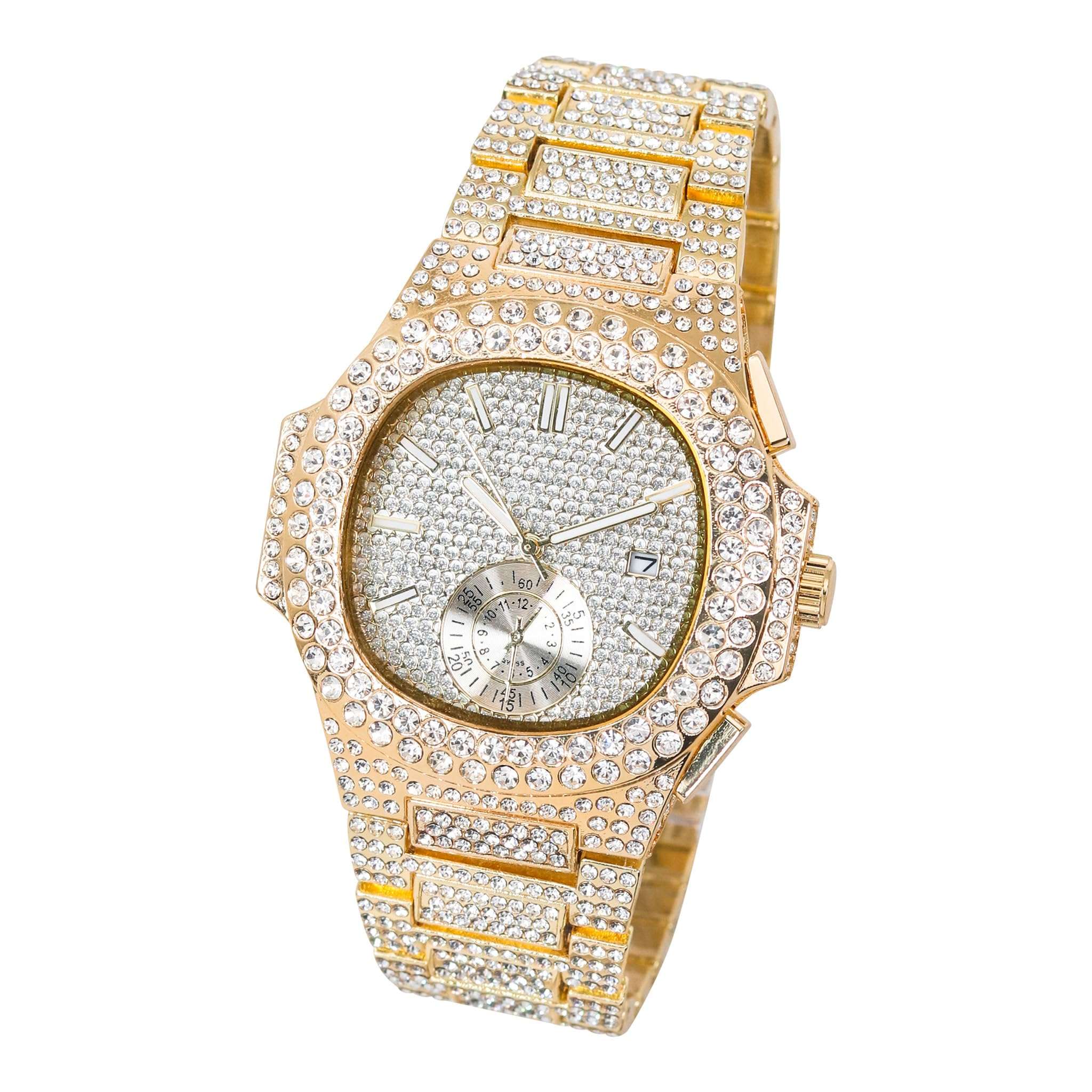Techno Pave Men's 43mm Fully Iced Out Watch - Luxury Hip-Hop Style, Quartz Movement - Gold Finish 4