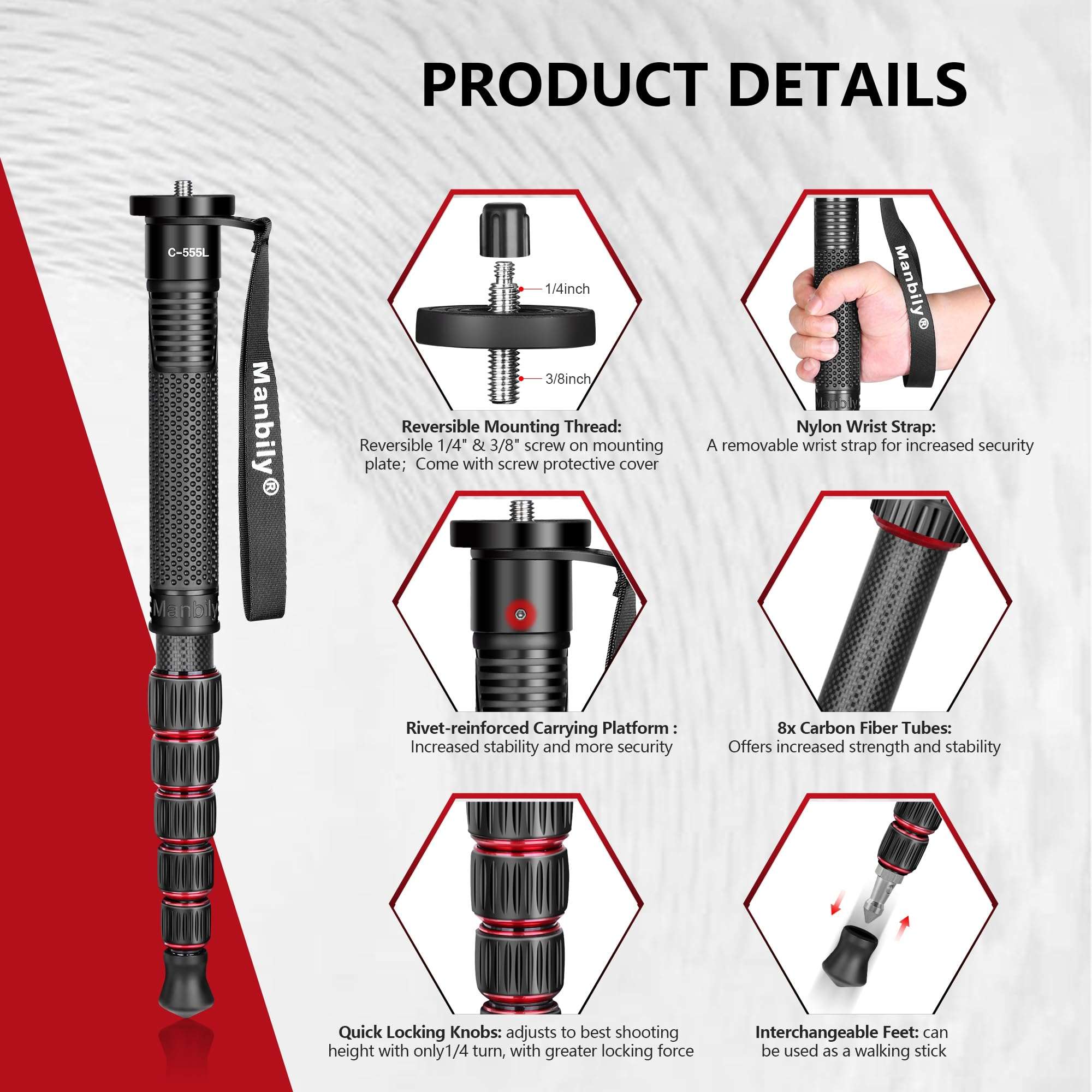 Manbily Carbon Fiber Camera Monopod, Portable Compact Lightweight Travel Monopod with Walking Stick Handle for DSLR Canon Nikon Sony Video Camcorder, 28mm Thick Leg, Max Load 22 lbs/10kg 5