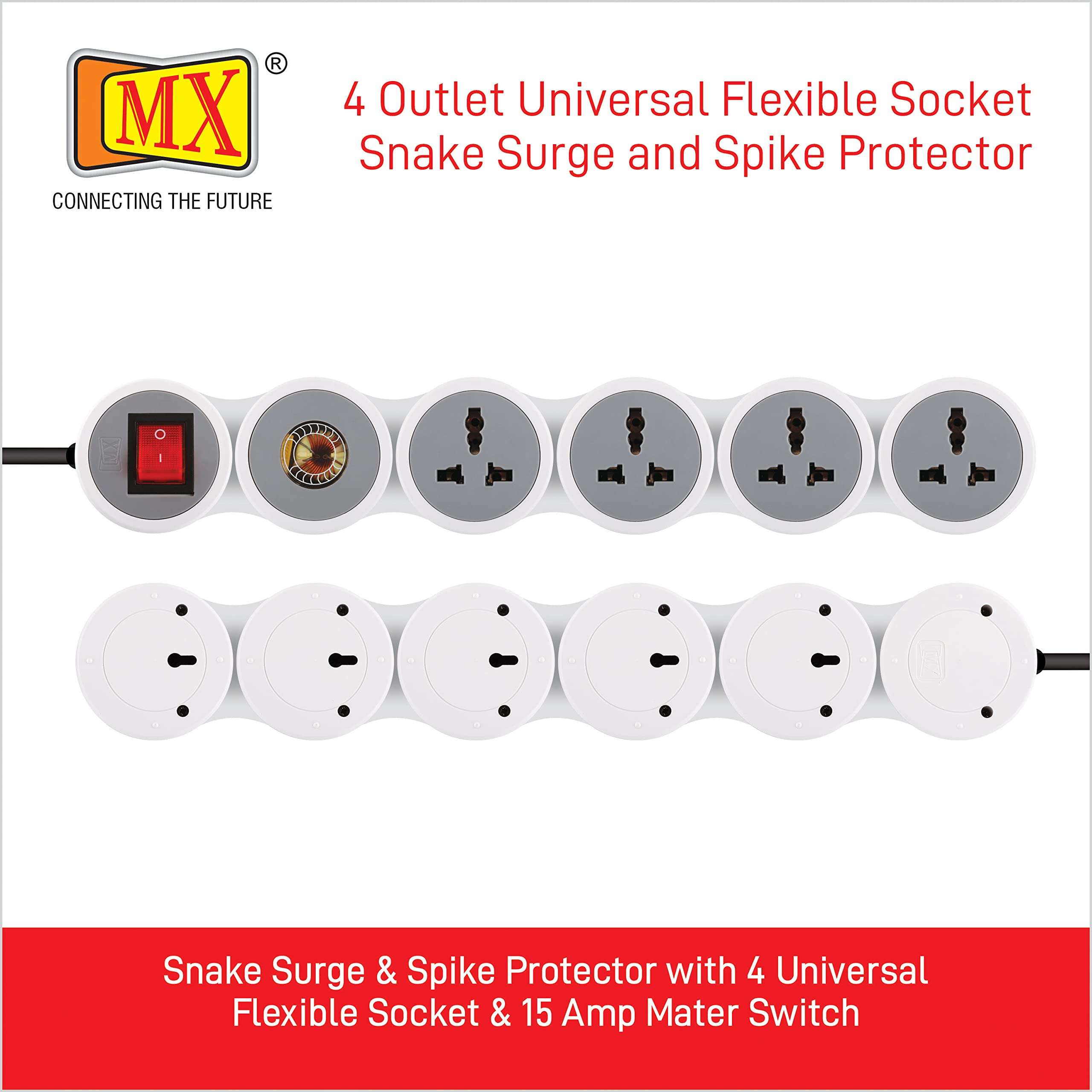 MX Extension Board with Spike Protector - 4 Universal Sockets, 15A/16A/20A Spike Guard, 5m Extension Cord, Illuminated Circuit Breaker Master Switch (3321_5mtr) 3