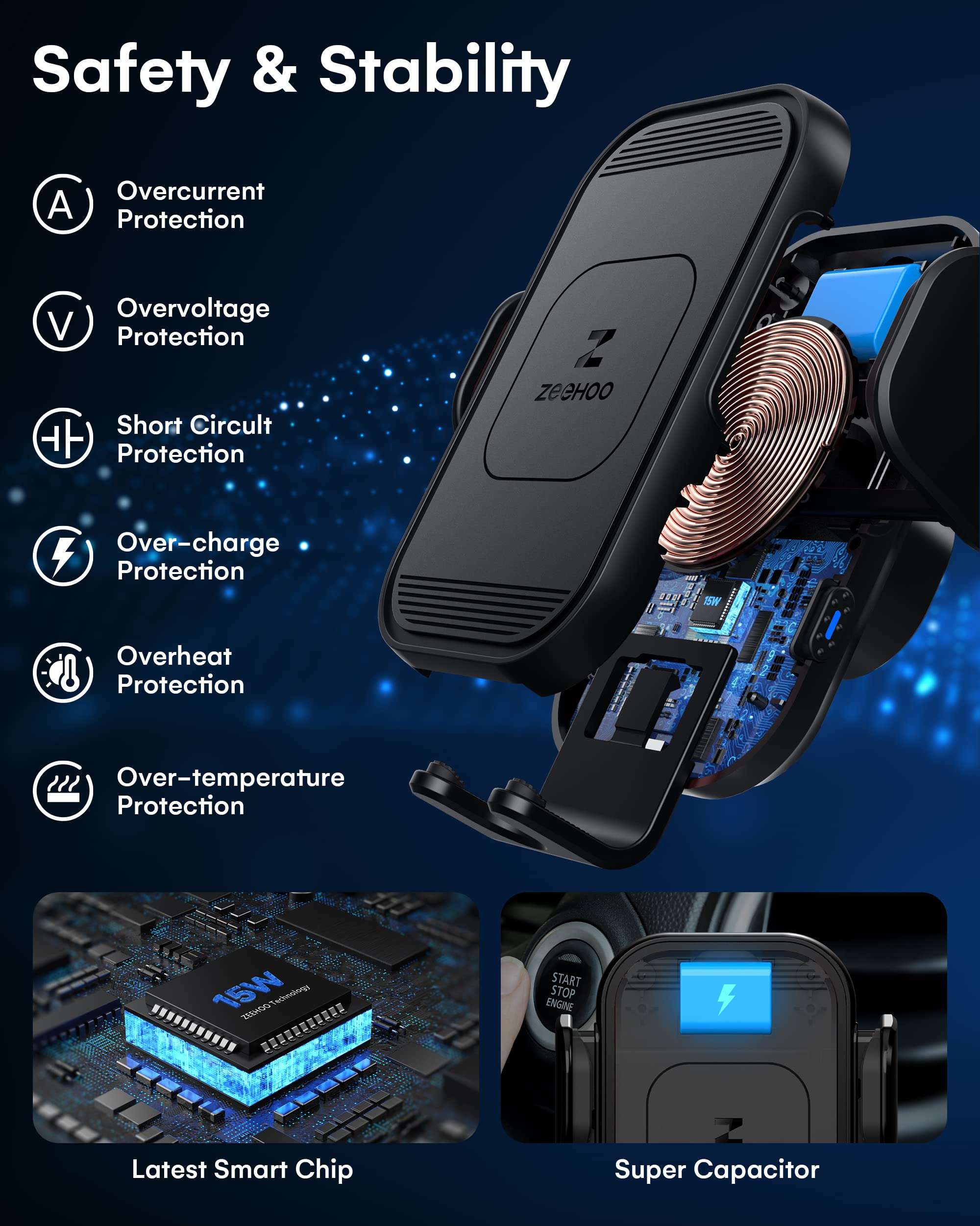 ZeeHoo 15W Wireless Car Charger + QC 3.0 Car Charger Adapter 45W 6