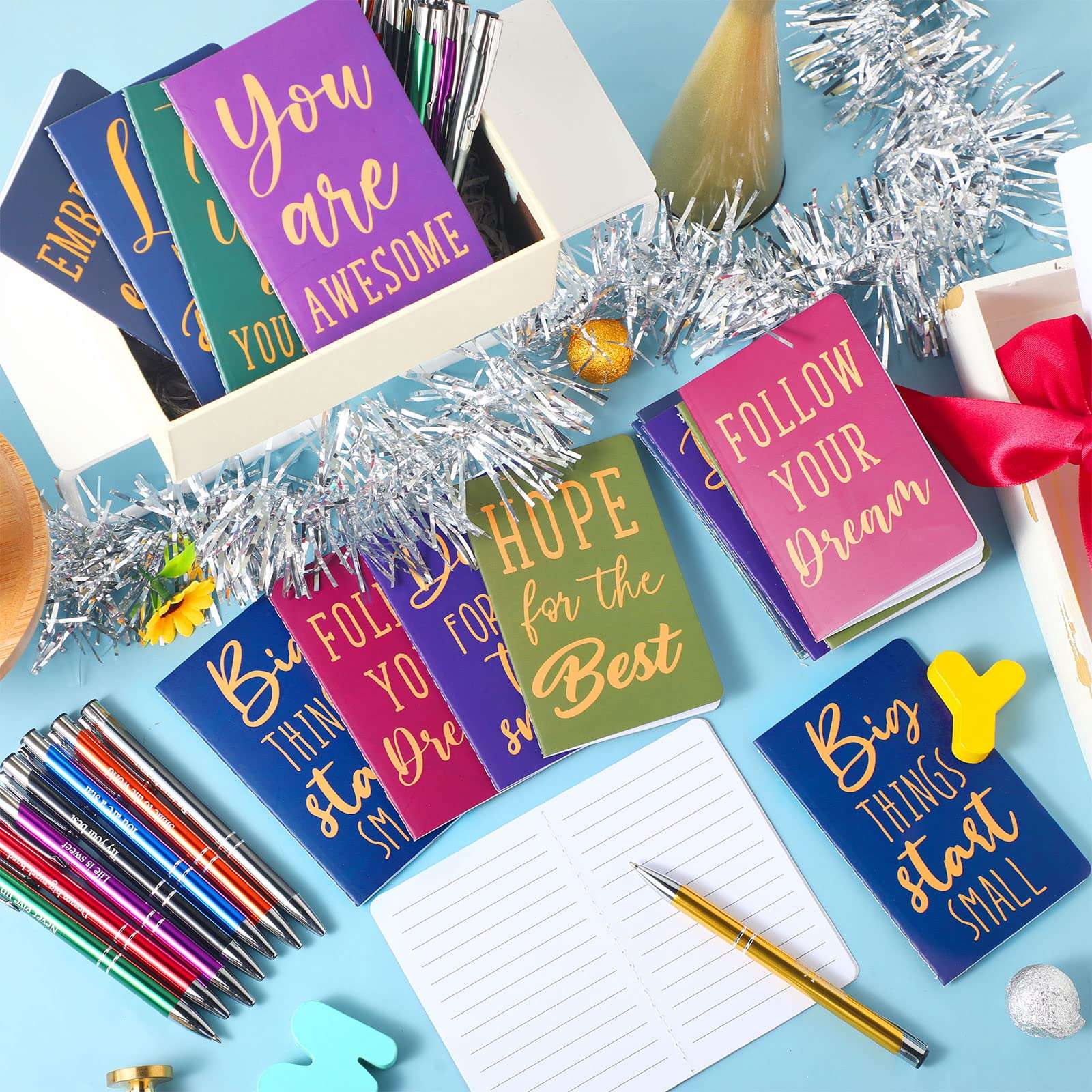 Funrous 32 Pcs Motivational Quote Pens Inspirational Notepads Mini Journal with Ballpoint Pen Small Notebooks Gift Set for Men Women Coworkers, Adult Party Favors Prizes Gift Bulk(Simple) 4