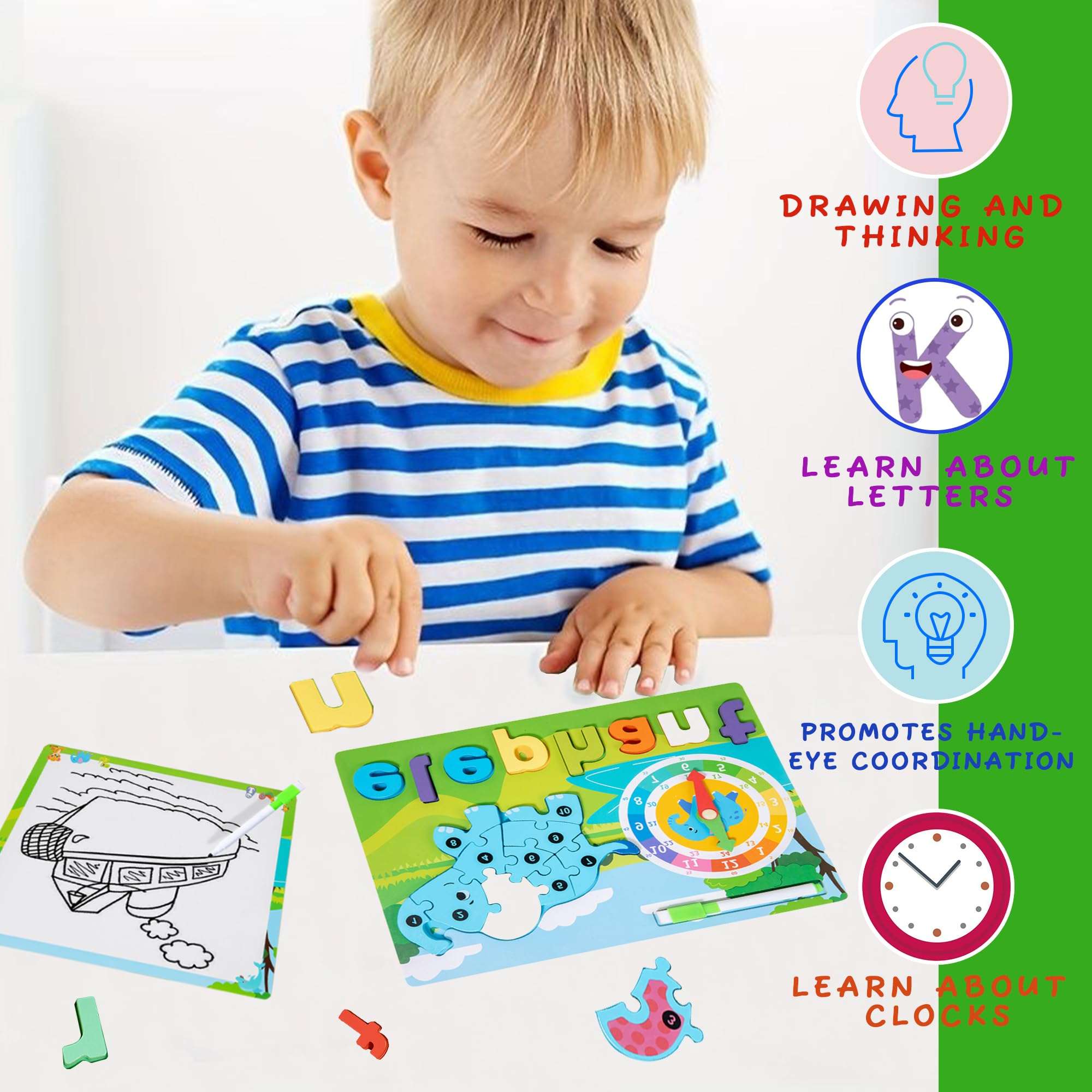 EINZUFUF Toddler Puzzles, Puzzles for Toddlers 3-5 Montessori Toys 10Pcs, Learning Clock & Drawing Board & Wooden Alphabet Letters, Educational Toy Gift for Toddlers 3-5 Year Old (Elephant 10Pcs) 5