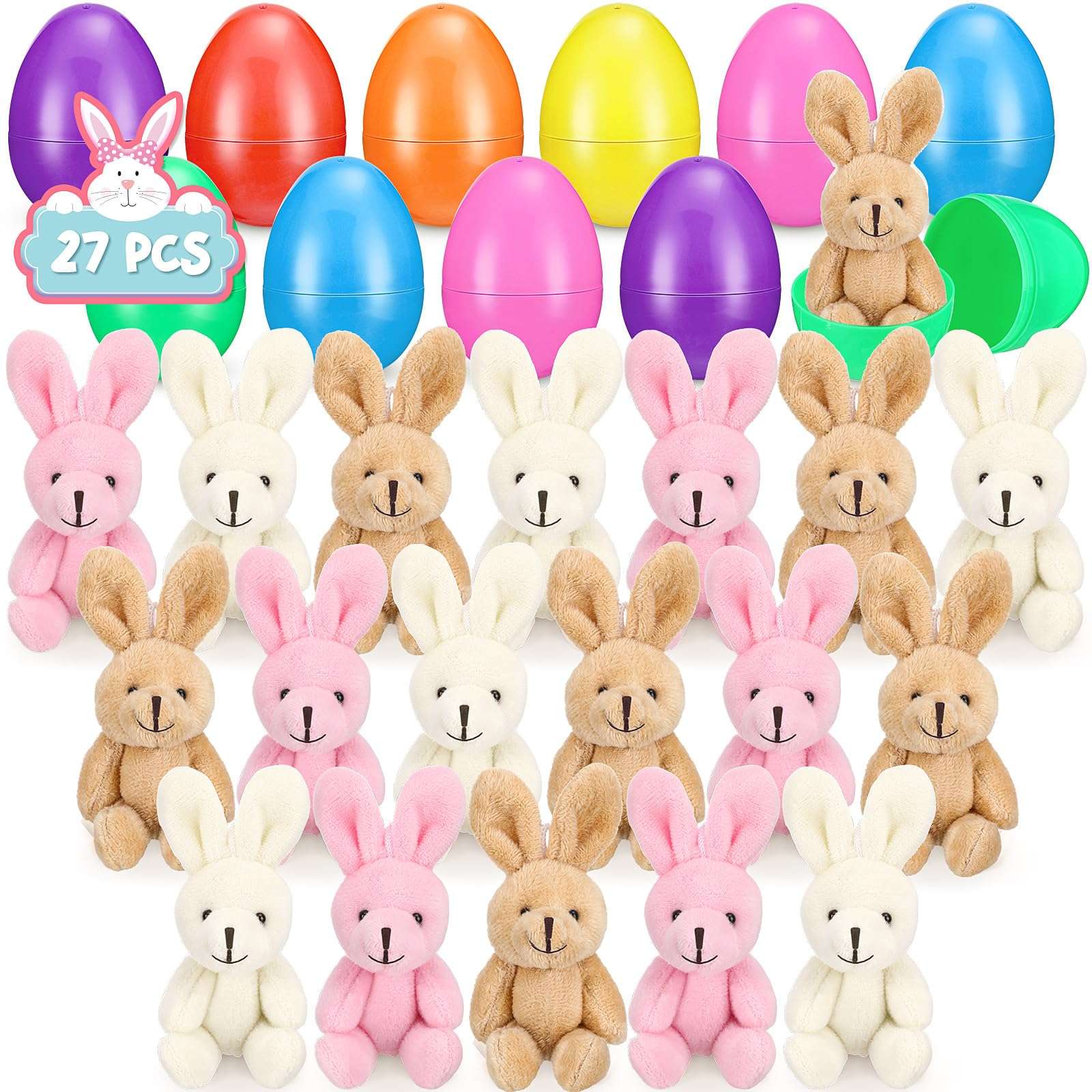 Halloscume 27 Set Filled Easter Eggs with Plush Bunny 4.33 Inch Colorful Bunnies Plush Plastic Easter Eggs Prefilled with Stuffed Animals for Kids Toddler Egg Hunt Easter Basket Stuffer Party Favors 1