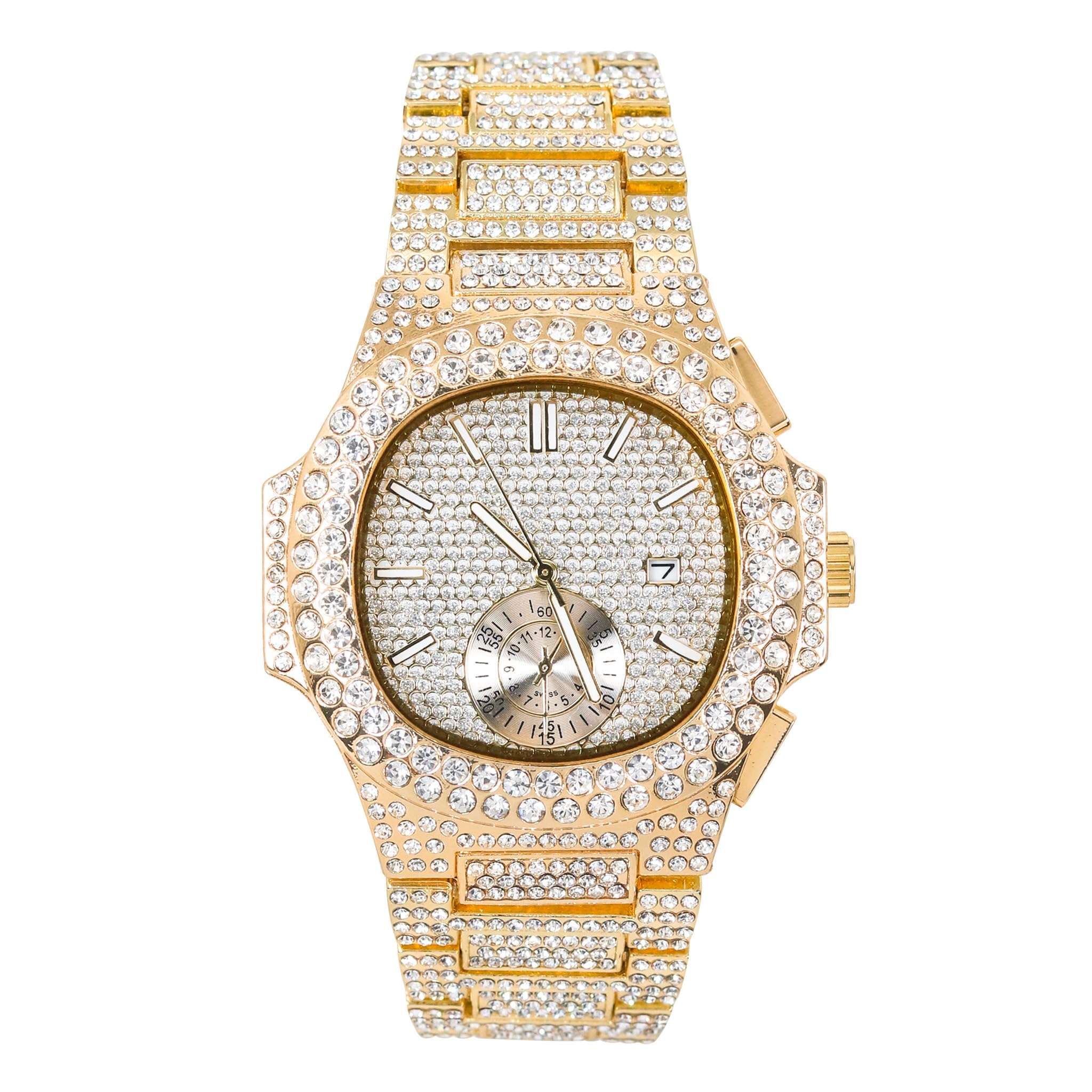 Techno Pave Men's 43mm Fully Iced Out Watch - Luxury Hip-Hop Style, Quartz Movement - Gold Finish 1