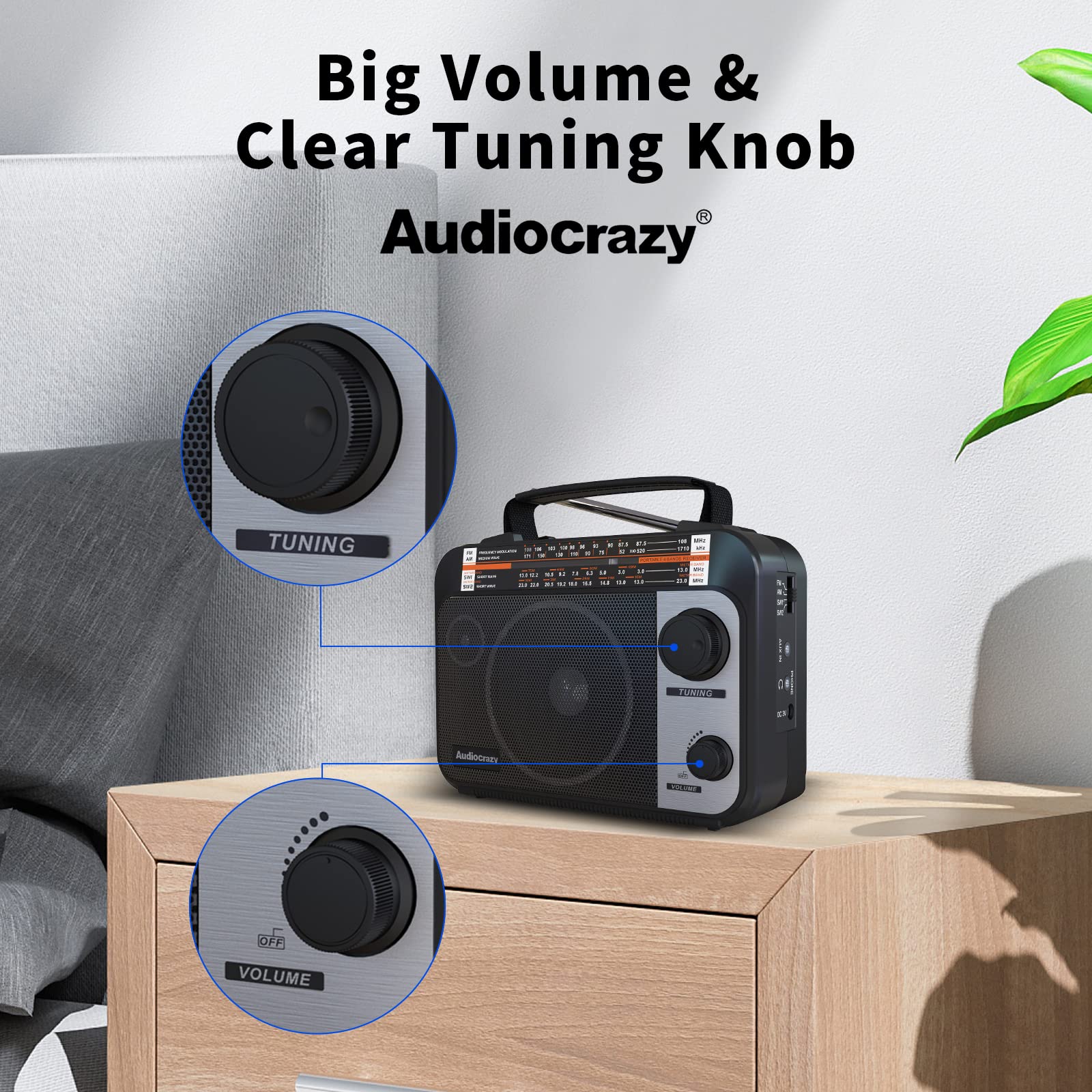Multi-Band AM/FM/SW1-2 Radio Transistor Radio AC or Battery Operated with Best Reception Big Speaker and Precise Tuning Knob with AUX in & 3.5mm Earphone Jack 5