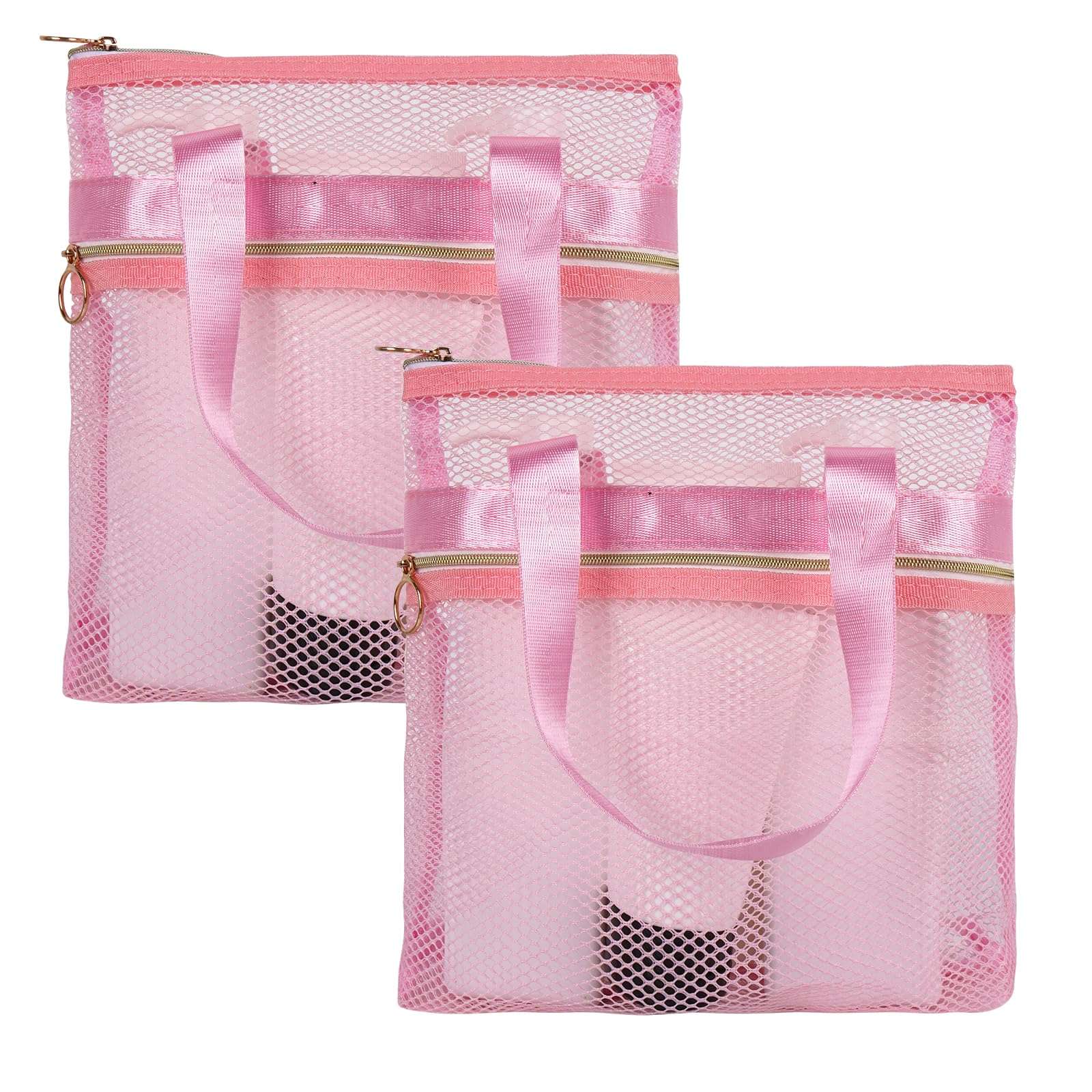 DODAMOUR 2 Packs Mesh Shower Caddy, Portable Shower Tote Bag for College Dorm, Travel Hanging Toiletry Bath Organizer with Zipper (Pink) 1
