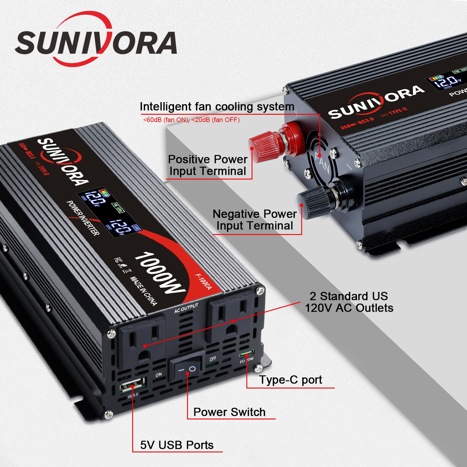 1000 Watt Car Power Inverter 12V DC to 110V/120V AC Converter 2000W Peak with LCD Display, 2 AC Outlets & PD Type-C & USB 3.0, Car Plug in Adapter Outlet Supplies Power to Appliances on Car Boat 5
