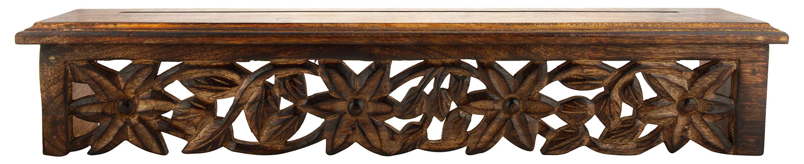 WOODENCLAVE Solid Wood Floral Design Wall Mounted Floating Shelf Wooden Wall Brackets Shelves Set for Home Living Room Decor - (Antique Finish Brown) 3