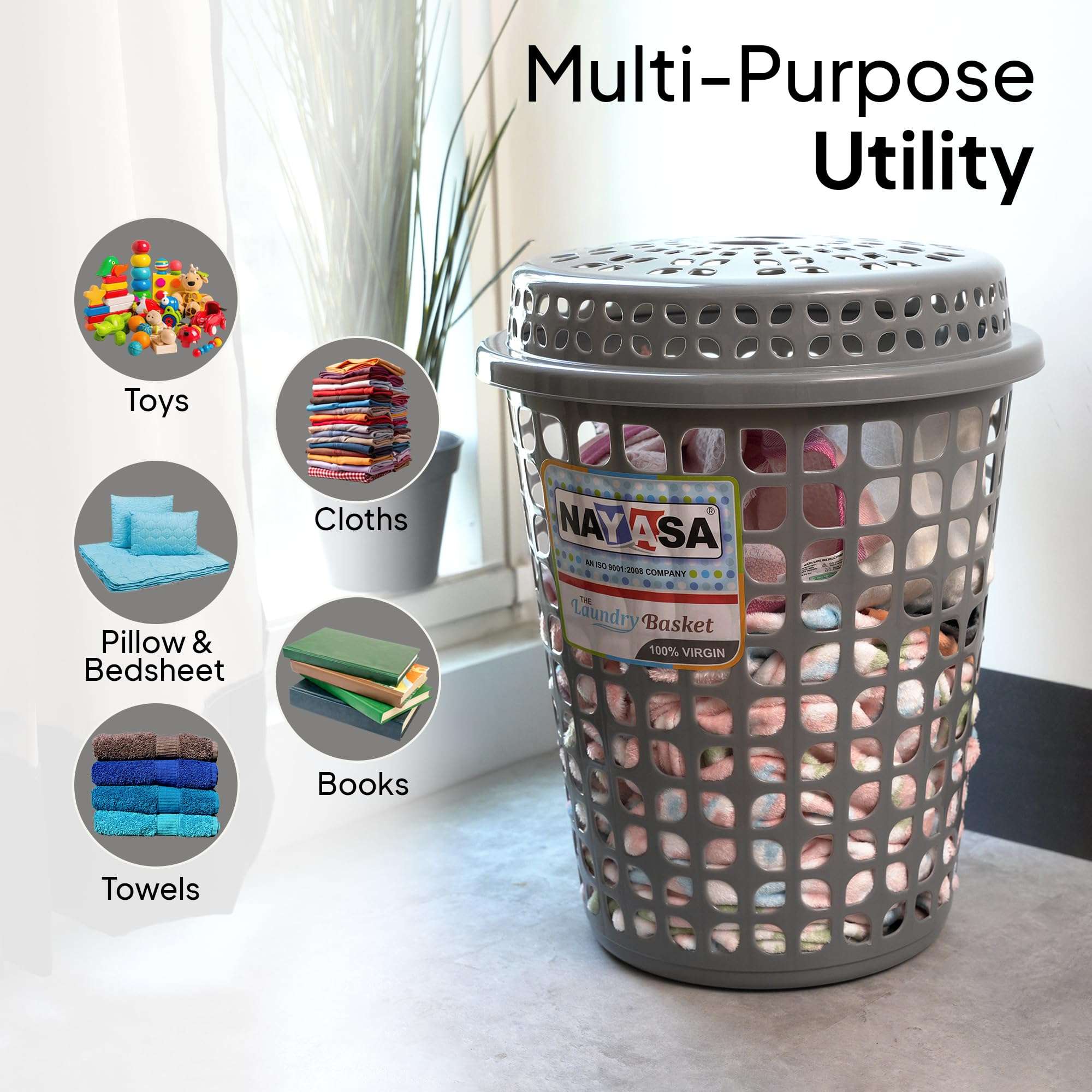 Nayasa Round Petal Laundry Basket with Lid | 44 Ltrs | Plastic Basket for Clothes, Toys & Household Utility | Stylish & Durable Organizer for Bedroom, Bathroom & Living Room | Grey 5