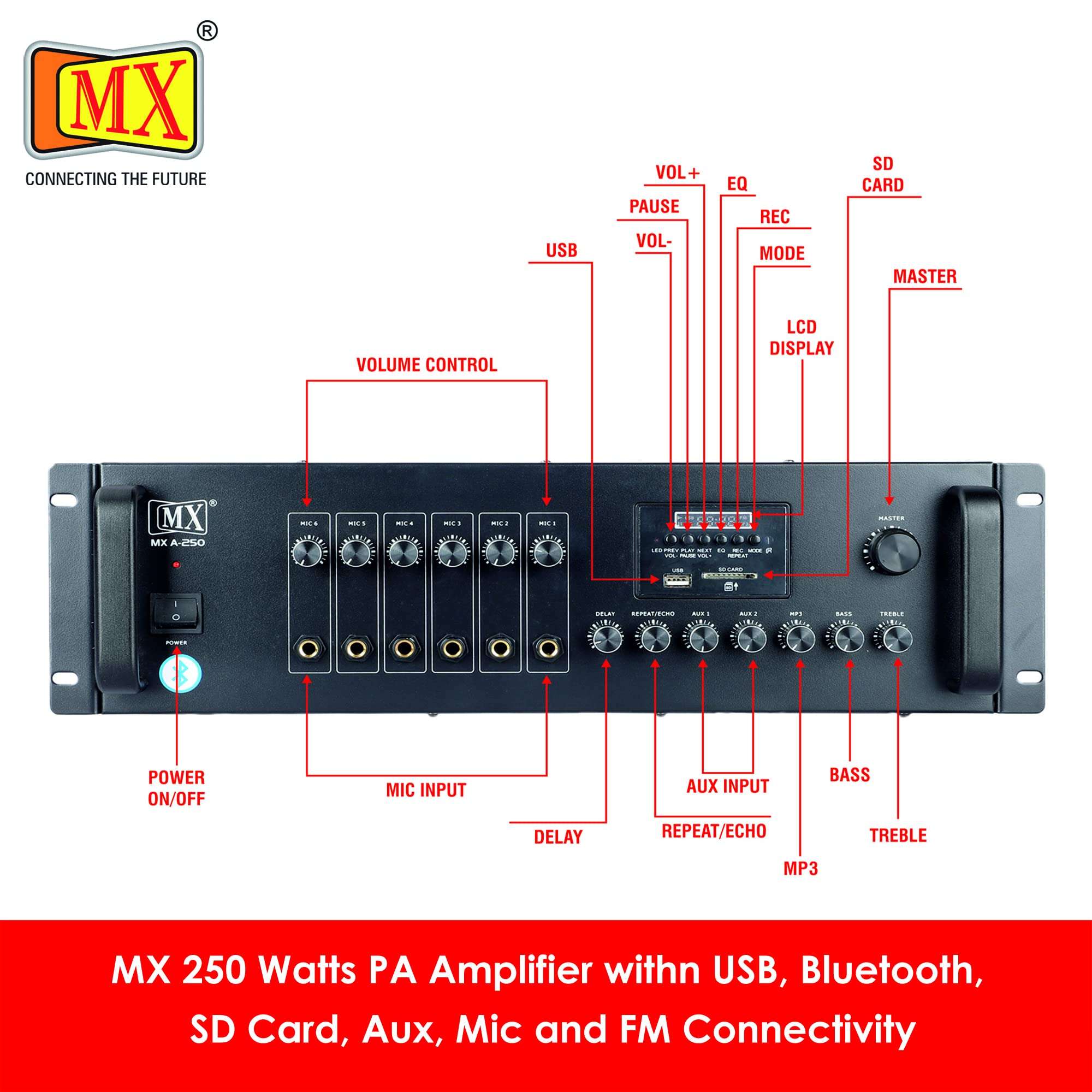 MX (A-250) PA AMPLIFIER WITH LCD DISPLAY,KARAOKE FUNCTION,USB,AUX,MIC,BLUETOOTH,LINE PERFECT FOR HOME AND OUTDOOR FUNCTION 3