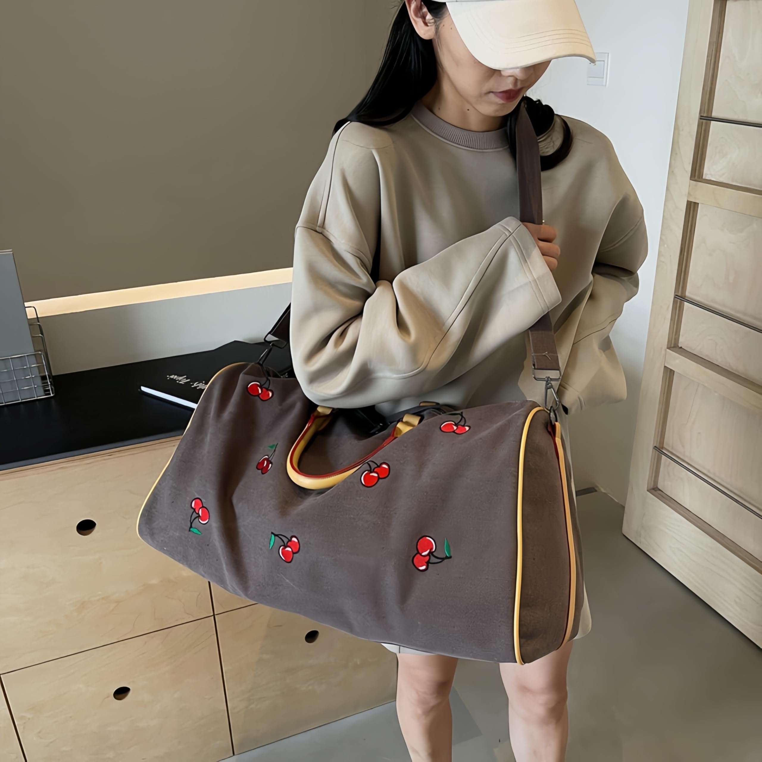 Cherry Print Travel Organizer Bag – Large Capacity Stylish Luggage Tote, Essential for Home and Travel, Fits on Trolley Handles (Coffee Color) 6