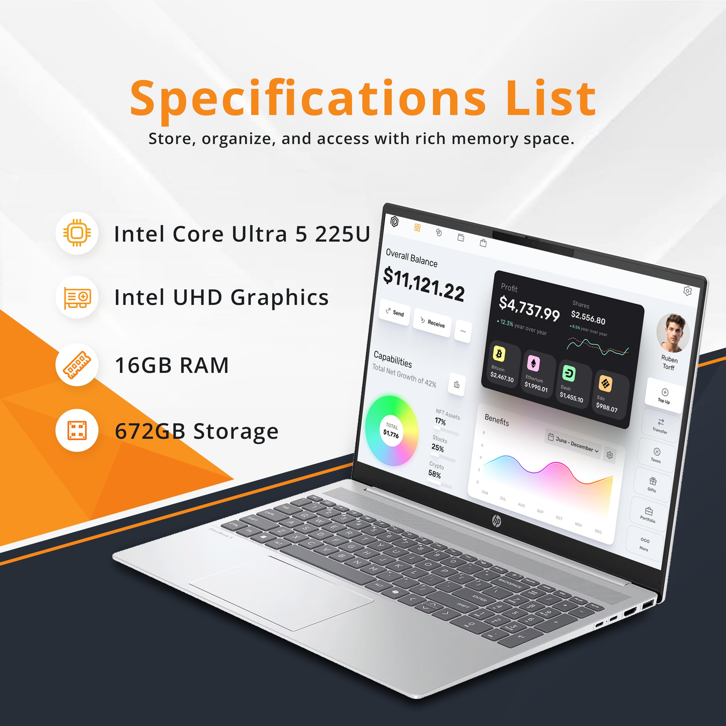 HP OmniBook 5 16" Touchscreen Laptop, Intel Core Ultra 5 225U, 16GB RAM, 672GB Storage (512GB SSD+160GB Docking Station Set), Intel UHD Graphics, Numeric Keypad, FHD Camera, Wi-Fi 6, Win 11, Silver 4