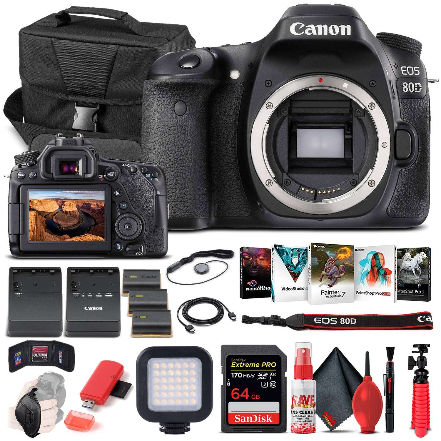Canon EOS 80D DSLR Camera (Body Only) (1263C004) + 64GB Memory Card + Case + Corel Photo Software + 2 x LPE6 Battery + External Charger + Card Reader + LED Light + HDMI Cable + More (Renewed) 1