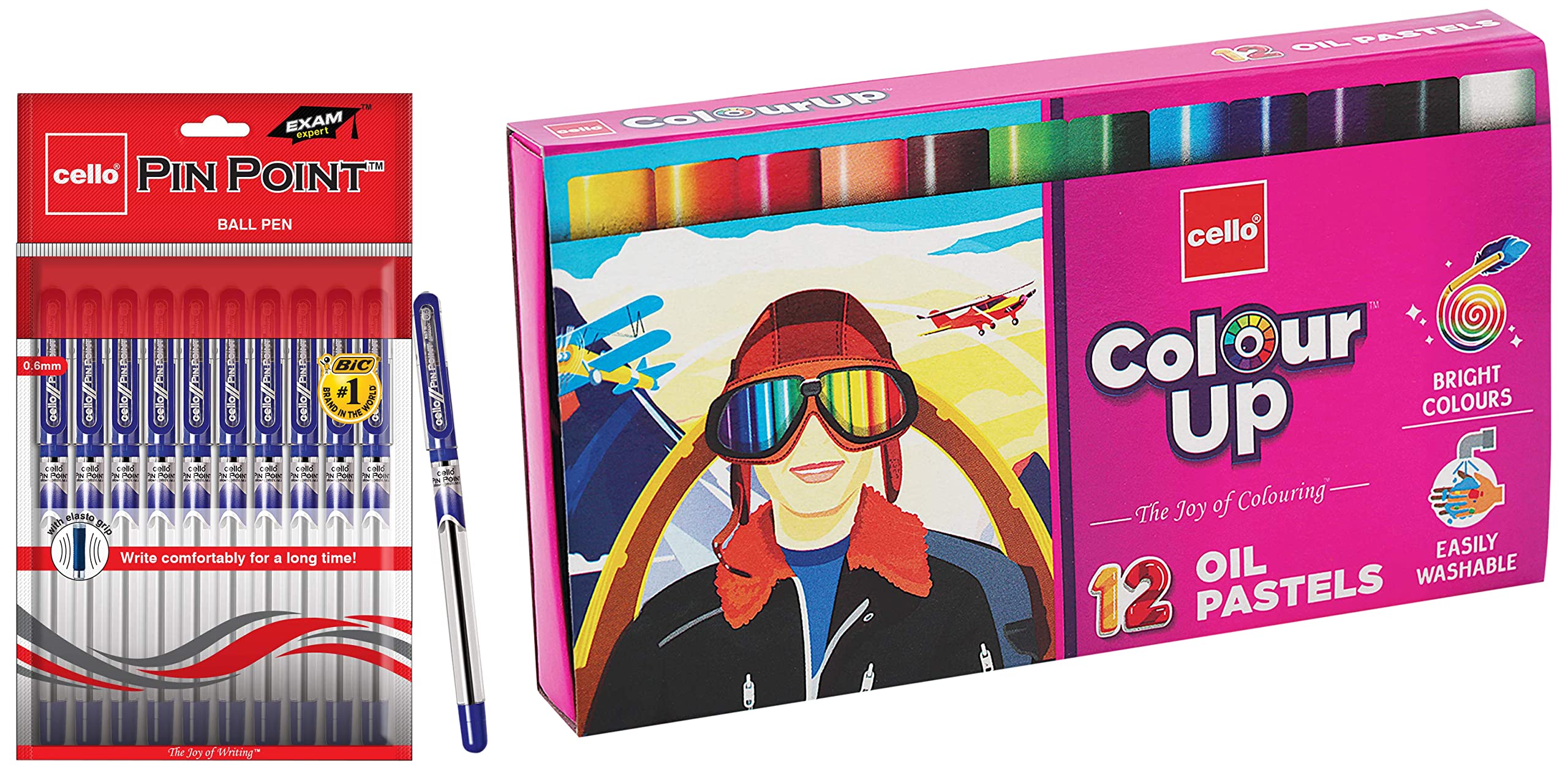 Cello Pinpoint Ballpoint Pens - Blue (Pack of 10) ColourUp Oil Pastels-12 Shades