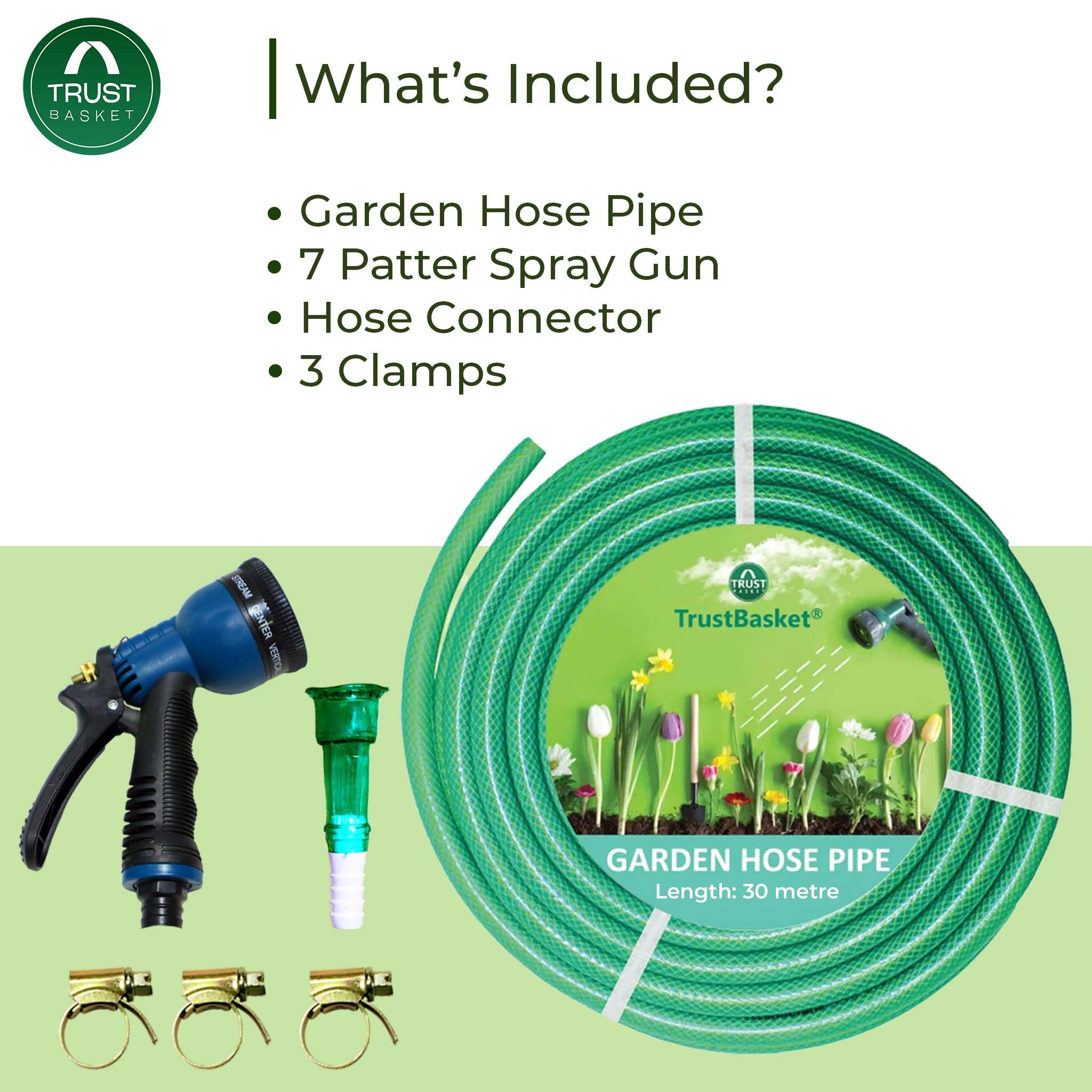 TrustBasket Heavy Duty Highly Durable PVC Plain Green Braided Water Hose Pipe (15 Meter) with 7 Pattern Sprayer Gun & 3 Clamps (1/2 inch Pipe) - Easy to Connect for Home Gardening, Lawn, Car Wash 3