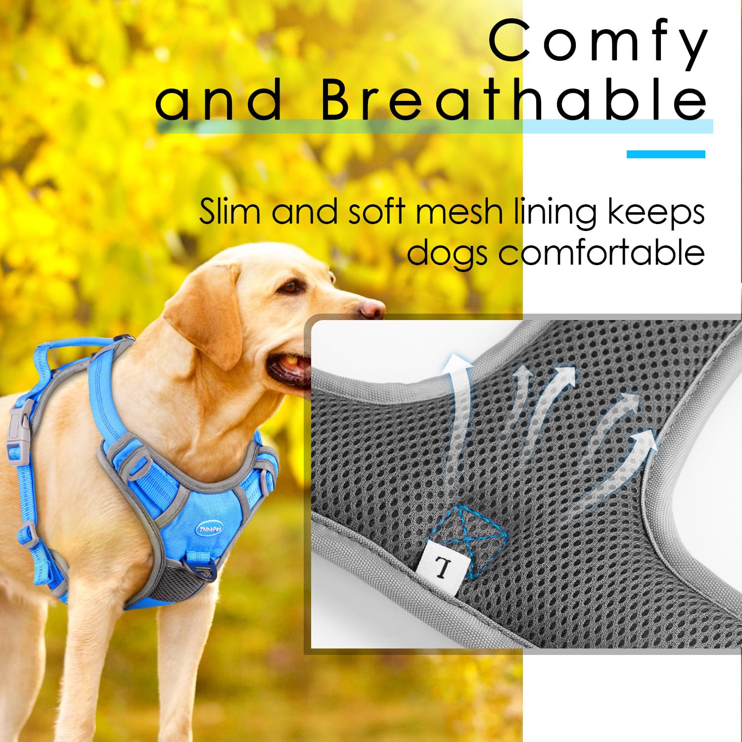 ThinkPet No Pull Harness Breathable Sport Harness with Handle-Dog Harnesses Reflective Adjustable for Medium Large Dogs,Back/Front Clip for Easy Control L Sky Blue 5