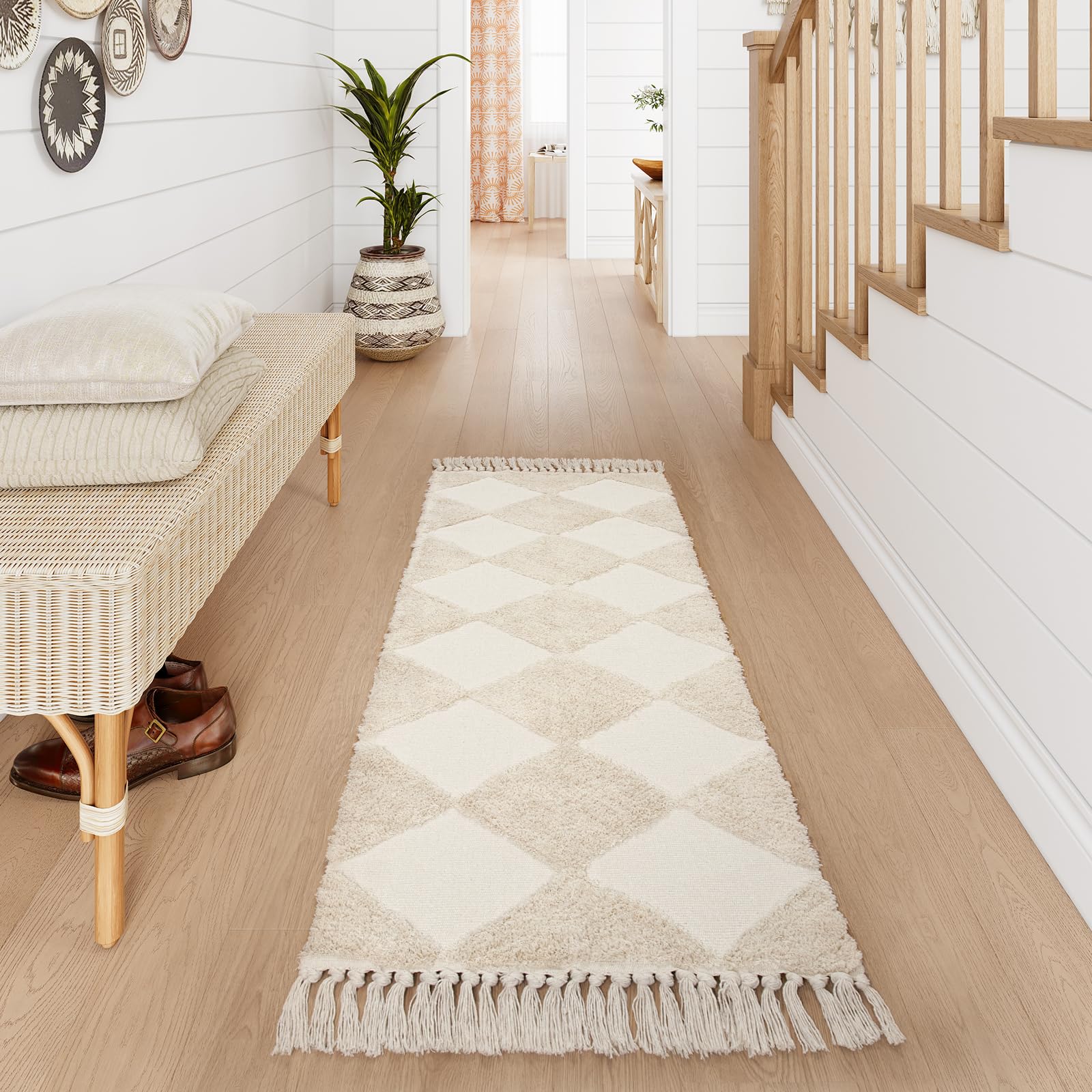 Collive Checkered Boho Runner 2x6, Modern Washable Bedside Rug, Cotton Hand-Woven Nursery Beige Kitchen Hallway Runner for Bedroom, Bathroom, Entryway, Laundry 6