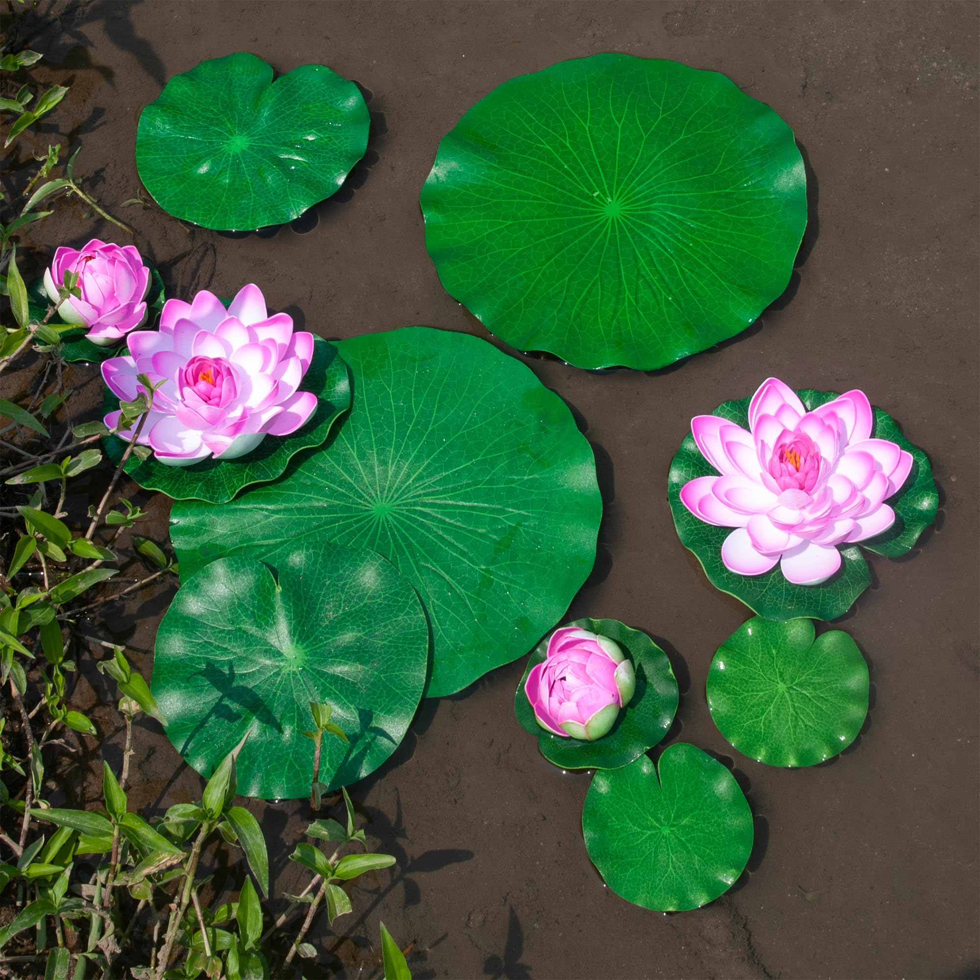 MONT PLEASANT 10 PCS Artificial Lotus with Water Lily Pad Pond Decor & 10 PCS Artificial Floating Lotus Decor with Pad for Home Outdoor Ponds 5