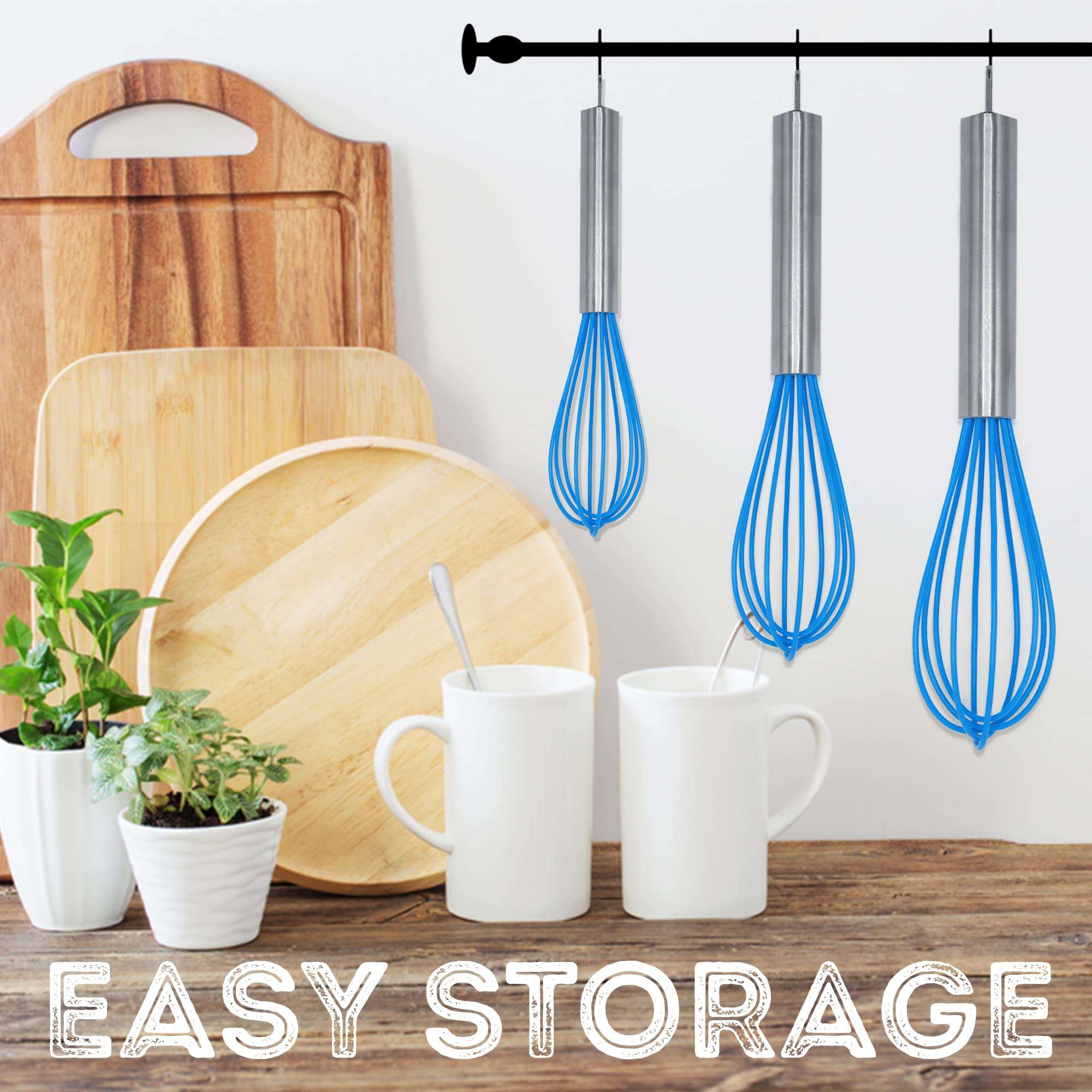 Silicone Whisk Set of 3, Very Sturdy, Silicone Whisks for Cooking Non Scratch Pots, Rubber Whisk, Enjoy Wisk Cooking Egg and Milk Beating, Stirring, Mixing, Whisking, Frothing, Blue 5