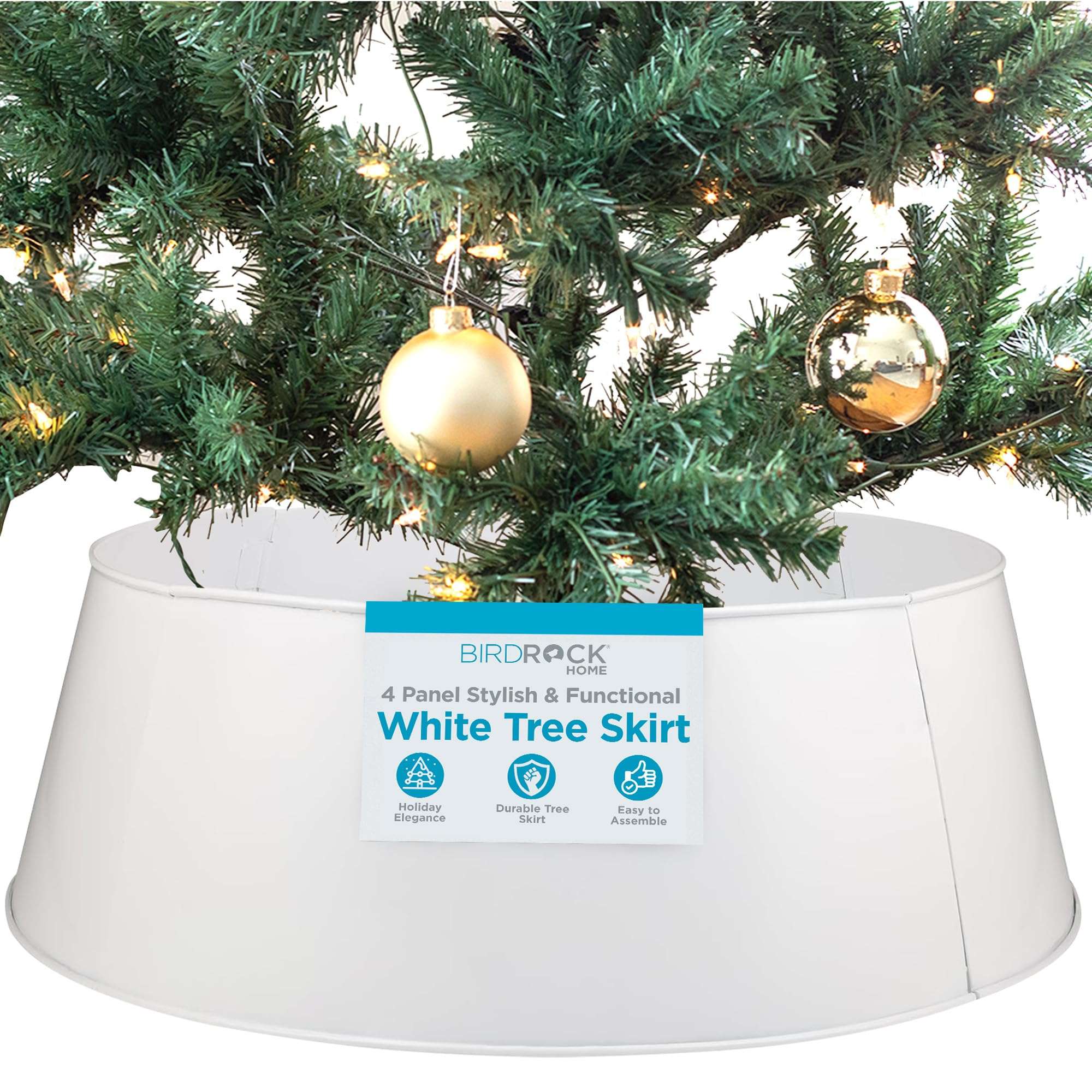 BIRDROCK HOME 4-Panel Christmas Tree Collar - White - Metal Holiday Skirt Decor - Water Base Protection from Pets 1