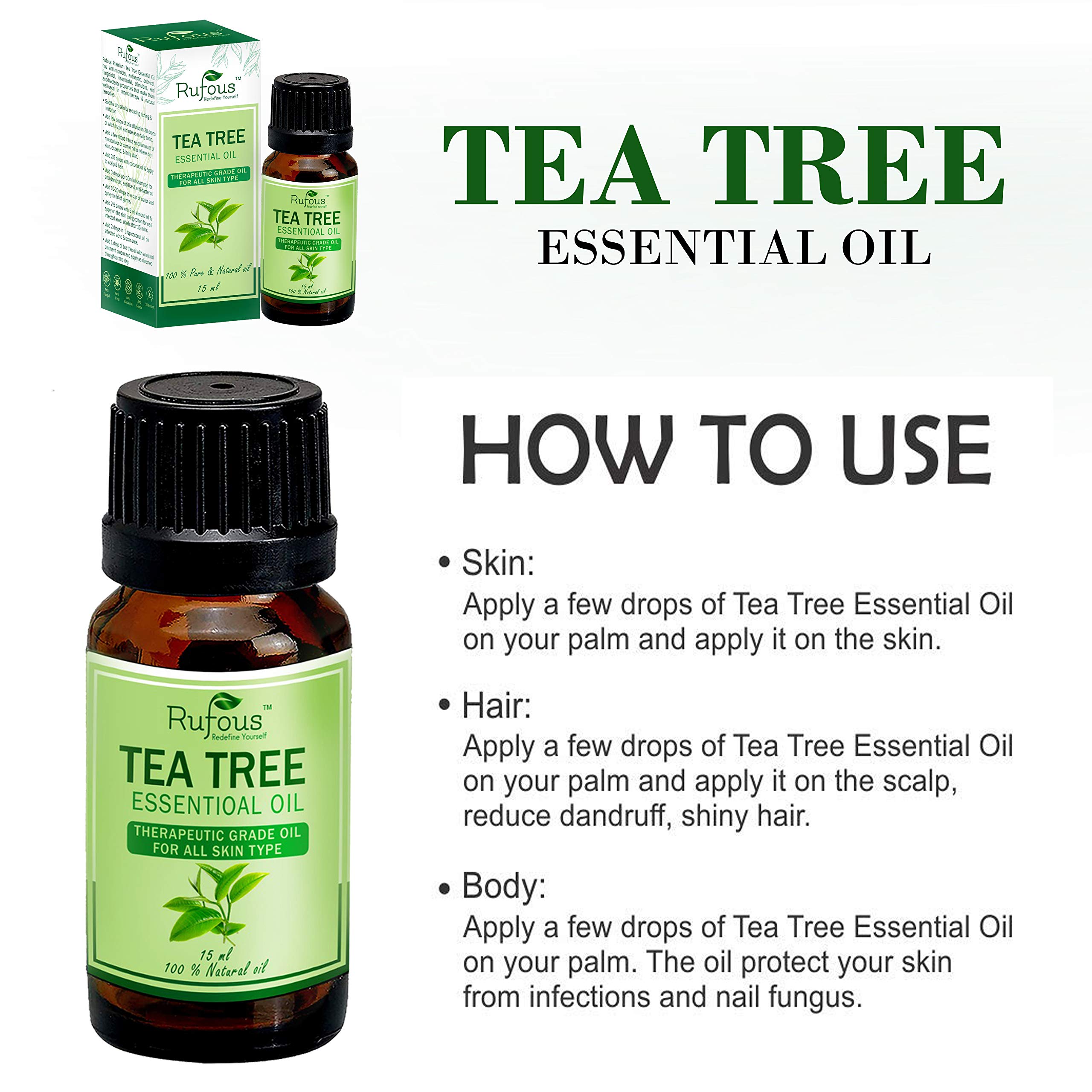 Rufous® Pure Tea Tree Oil For Aromatherapy - Tea Tree Essential Oil For Skin, Face, Hair, Pimples, And Acne Care - 100% Organic Remedy for Anti Dandruff, Stress, And More - 15ml 6