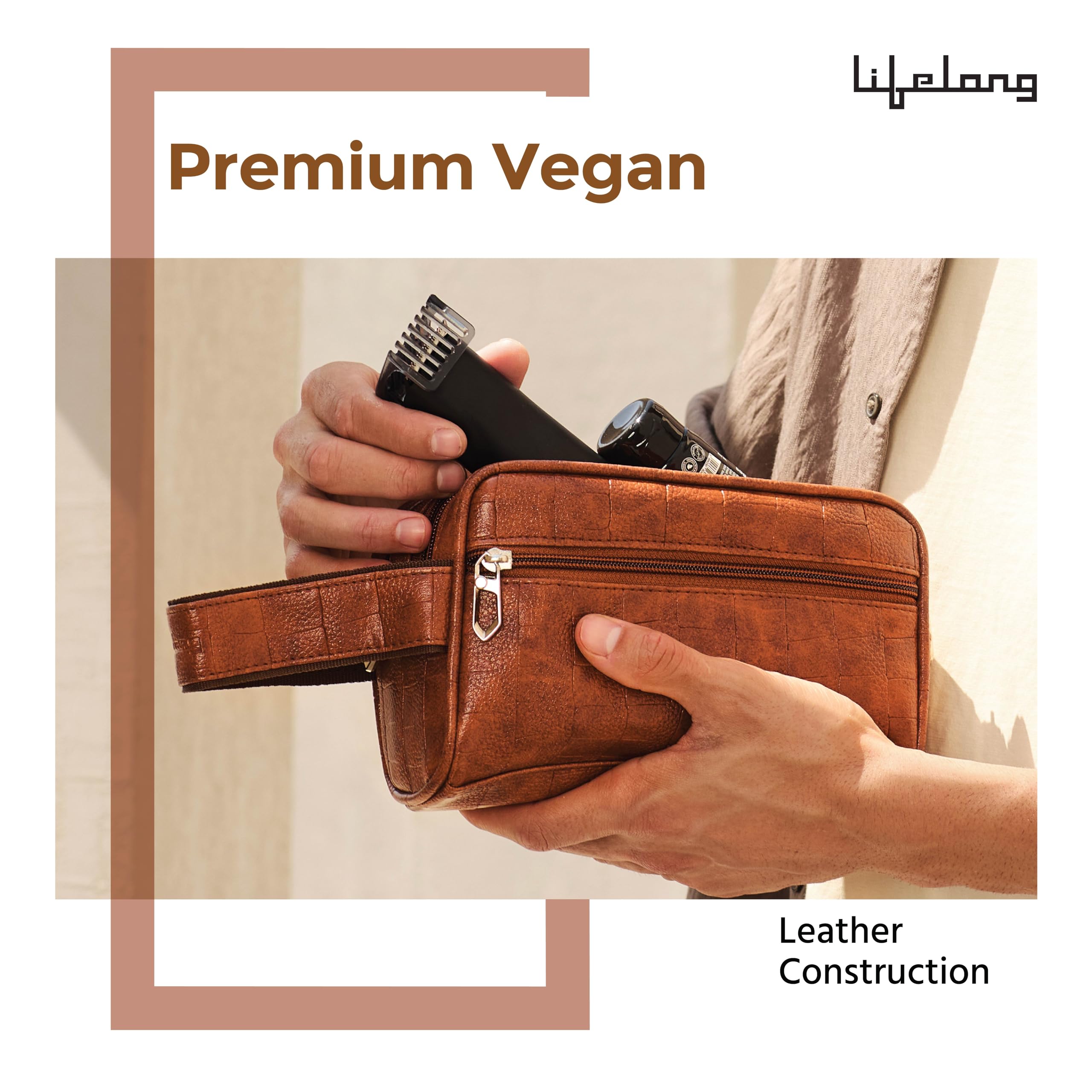 Lifelong Toiletry Bag for Men & Women | Vegan Leather Travel Pouch | Shaving Kit, Grooming & Makeup Organizer | Toiletry Bag for Travel, Gym, Daily Use, Cosmetics, Toiletries & Essentials (Tan) 3