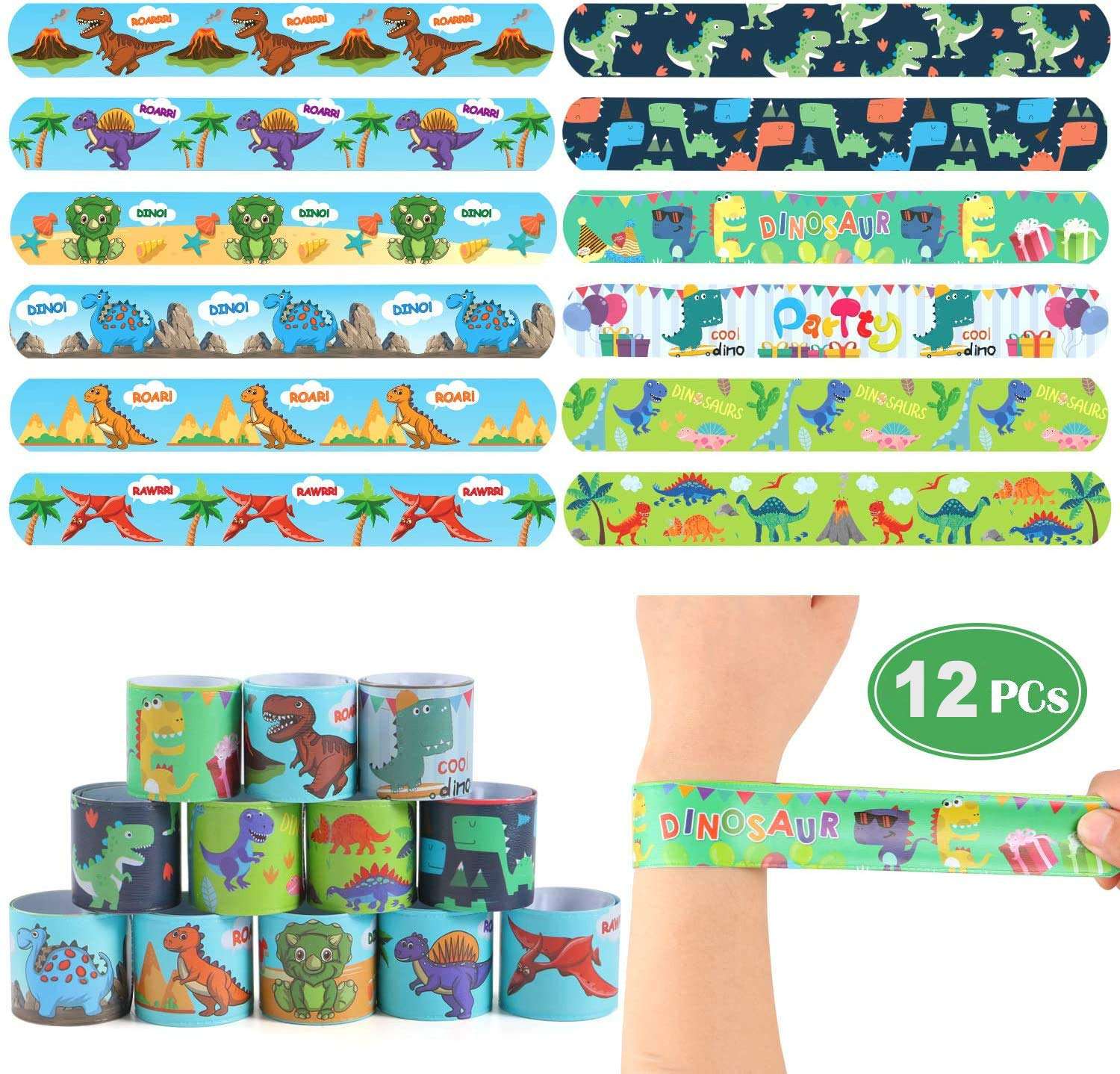 64 Pcs Dinosaur Party Favor Dinosaur Slap Bracelets Masks Keychains Rings Temporary Tattoos for Boys Kids Dinosaur Themed Birthday Party Supplies Treat Dino Pinata Goodie Bag Fillers 2