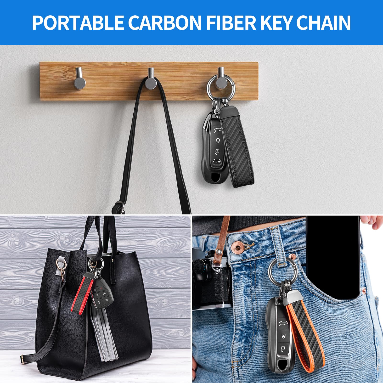 Real Carbon Fiber Car Keychain,Minimalist Leather Edges,Car Key Fob Chain Holder,Car Key Fob Keychains Replacement,Keychains for Men Women,Car Key Accessories,RED 6