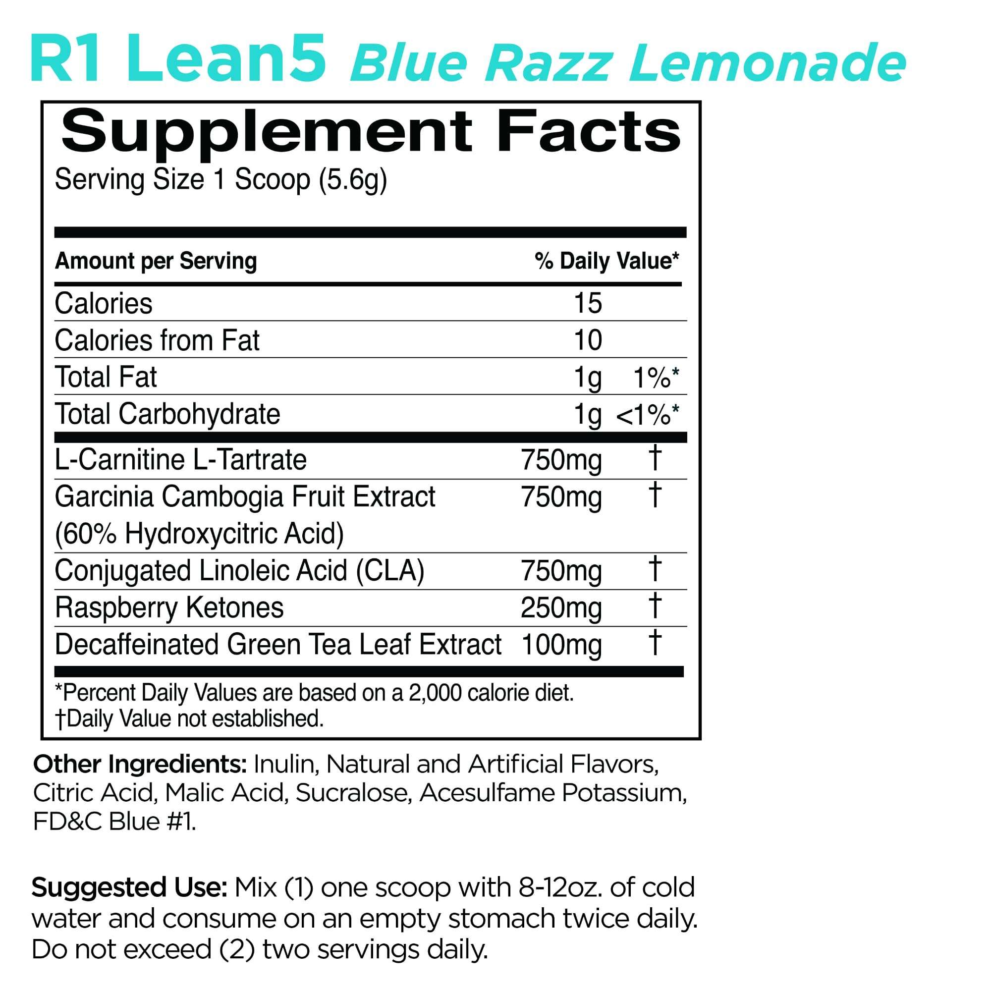 Rule 1 R1 Lean5, Blue Razz Lemonade - 11.9 oz - Stimulant-Free Formula with CLA, Garcinia Cambogia Extract & Carnitine - 60 Servings 6