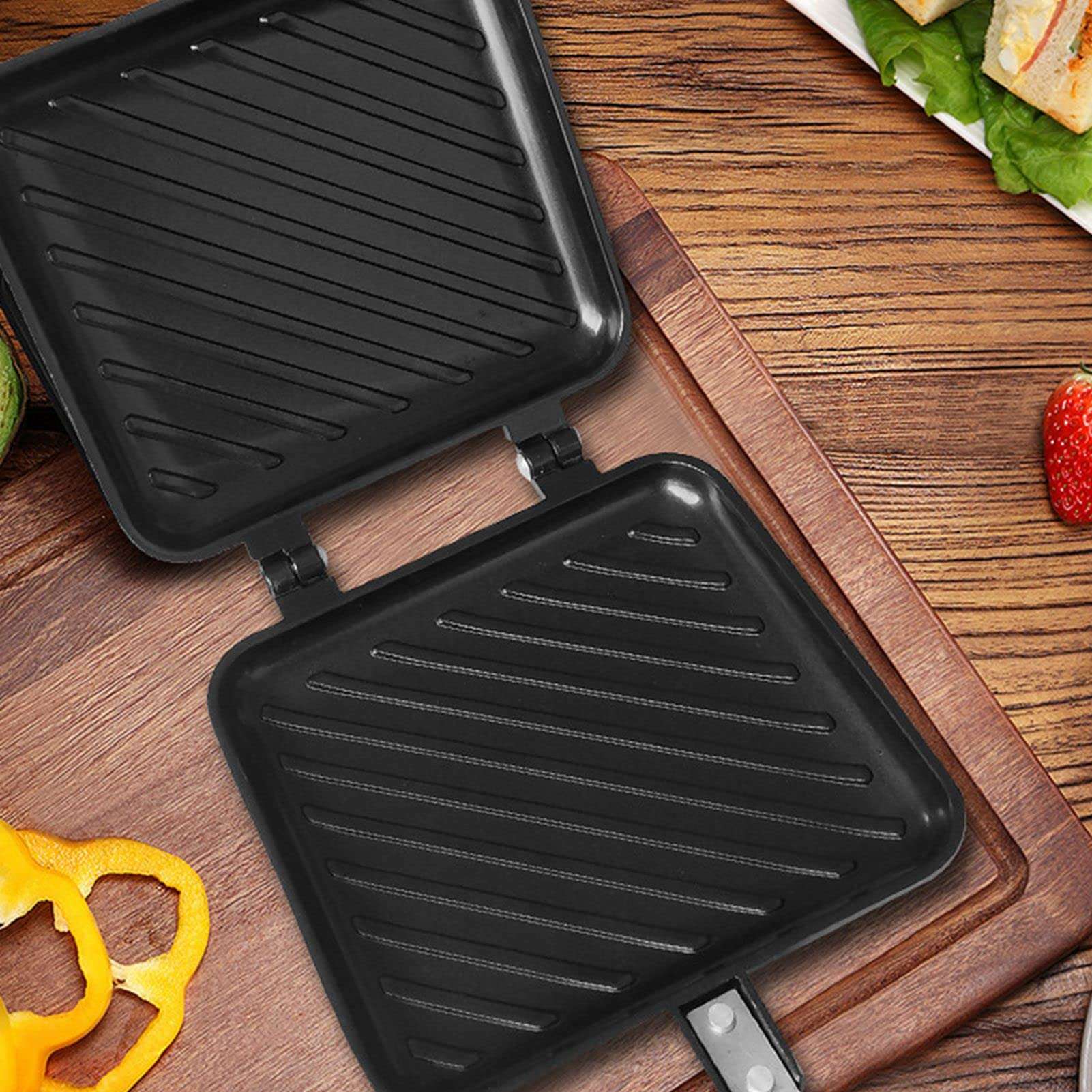 Frying Pan, Double Sided Frying Pan, Aluminum Alloy Sandwich Pan Flat Bottom Nonstick Sandwich Panini Maker Pan for Toaster Breakfast Sandwich Maker Pan 3