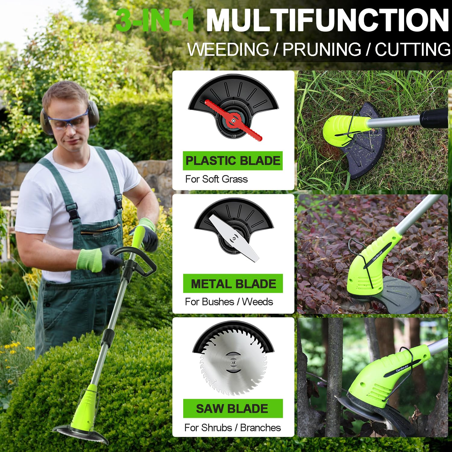 GardenJoy Weed Wacker Battery Operated: 12V Cordless Grass Trimmer with 2Pcs 2.0Ah Batteries, Fast Charger and 3 Types Cutting Blades, Portable Electric Lawn Trimmer for Garden Yard Weeding Work 3