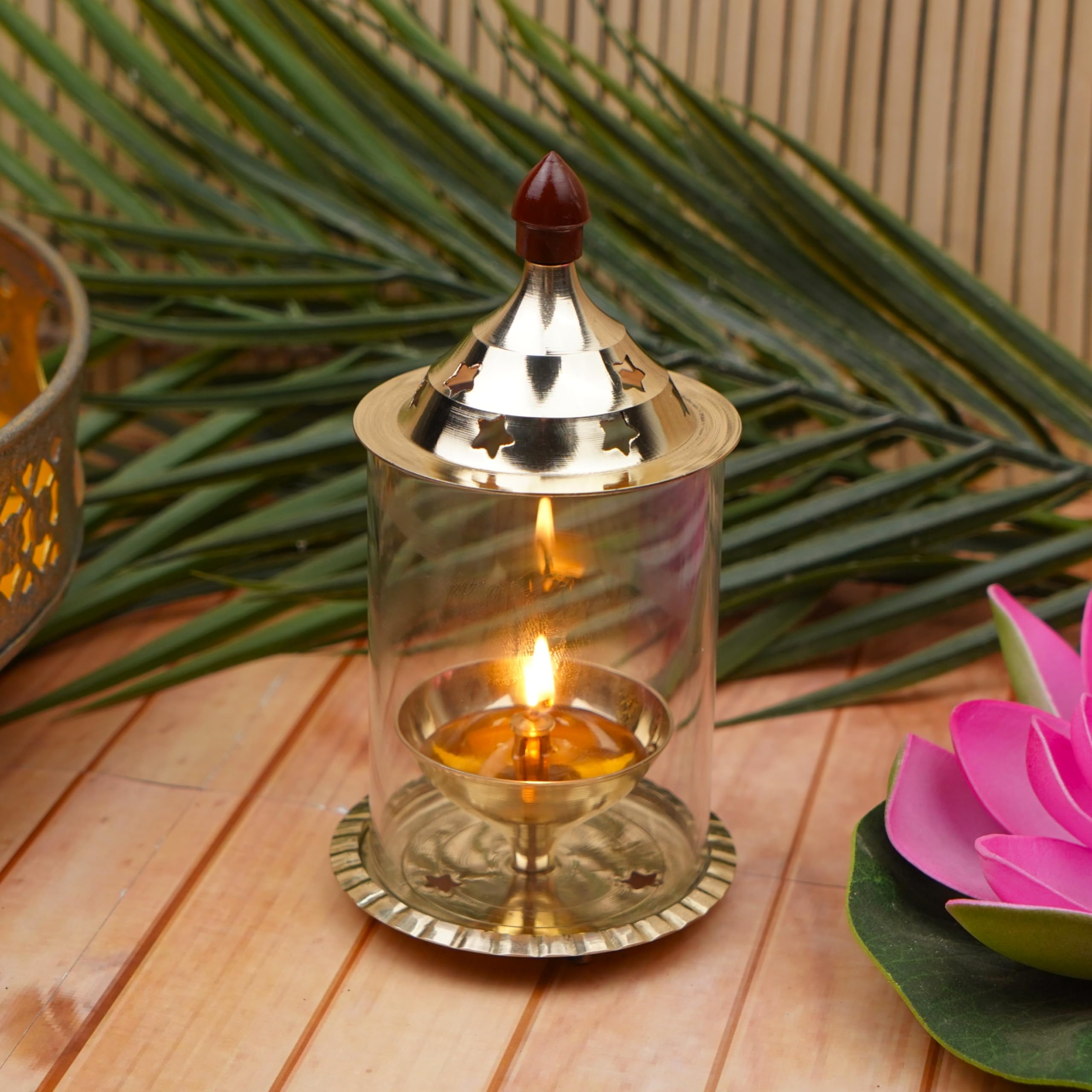 ServDharm Brass Akhand Diya with Borosilicate Glass Cover | Medium | 5.9" | 14.9 cm