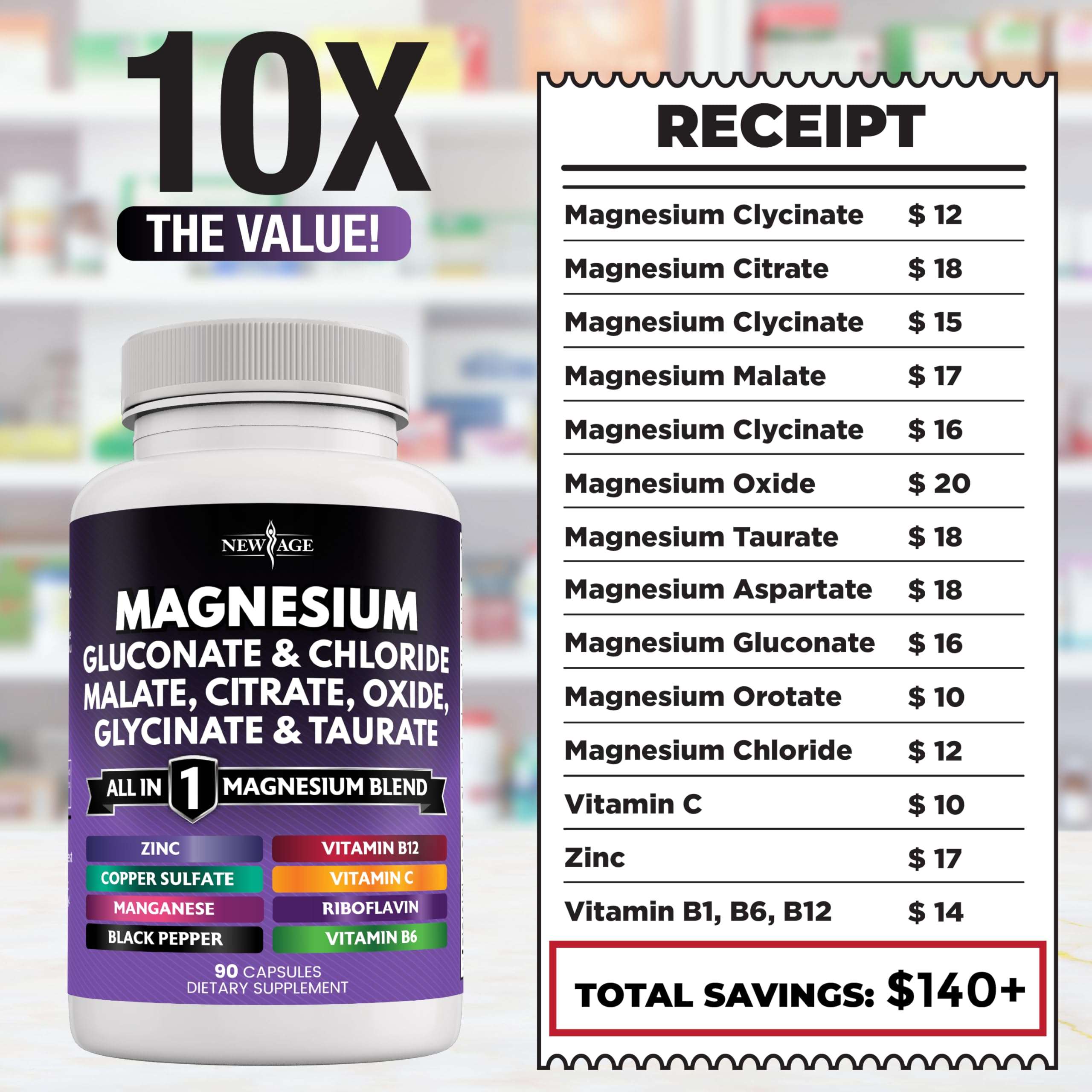 NEW AGE Magnesium Supplement -Powerful Glycinate Citrate Malate Oxide Taurate Aspartate Gluconate Orotate & Mag Chloride Manganese Bone Health and Bone Strength, Joint Support - 90 Count 5
