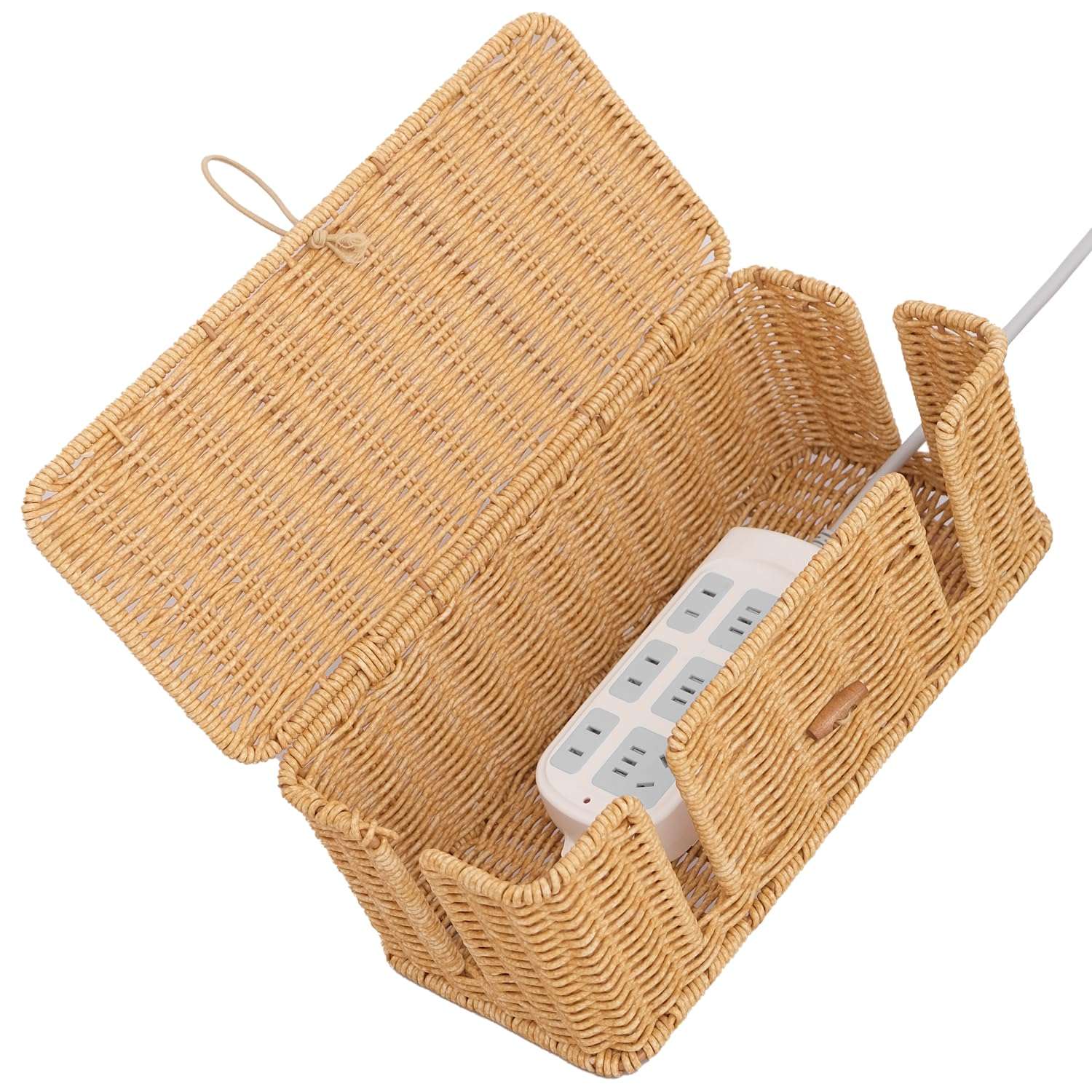 Limogoo Cable Management Box, 4 Open Slots Cords Hider with Lid and Fixable Strap, Imitation Rattan Organizer for TV Wires, Computer Router, USB Hub, Power Strip 1