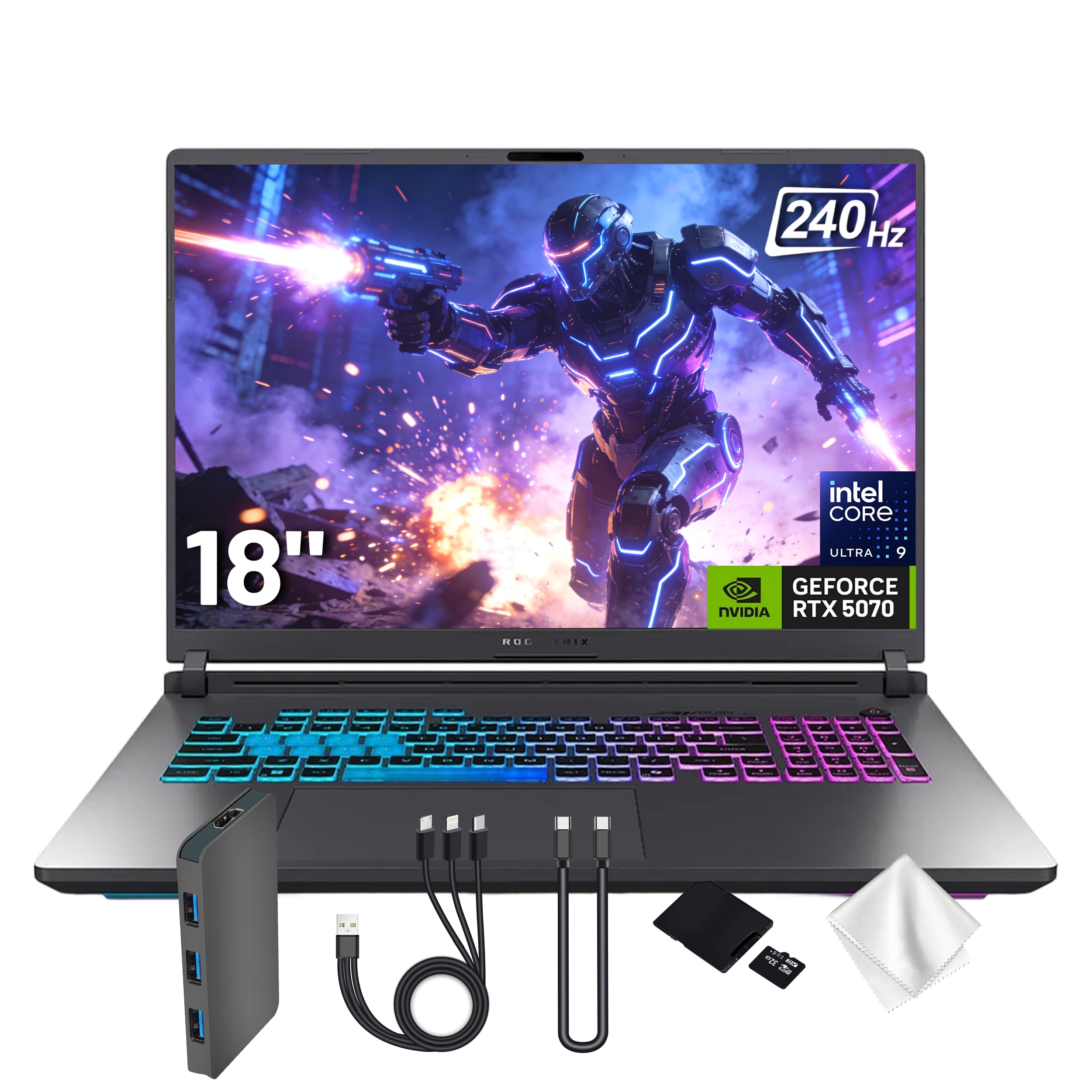 ASUS ROG Strix G18 18" WQXGA 240Hz Gaming Laptop, GeForce RTX 5070 8GB, Intel Ultra 9 275HX, 32GB DDR5, 2TB Storage (1TB SSD & 1TB Docking Station Set), Backlit Keyboard, IR Camera, Win11 Pro, Gray