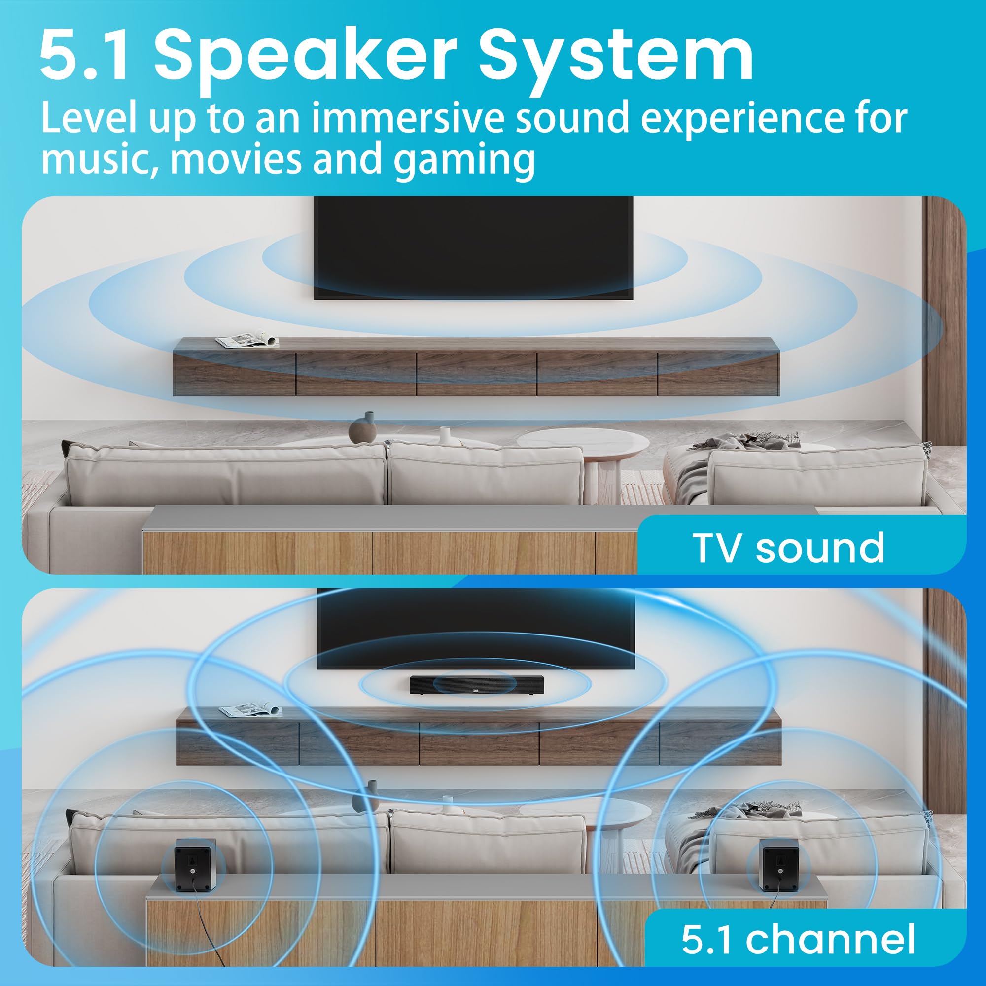 Acoustic Audio 5.1 Surround Sound Home Theater Sound Bar with Bluetooth, RCA, Optical, ARC, AUX, Wireless Subwoofer and Remote Control - AA5190 (Black) 3