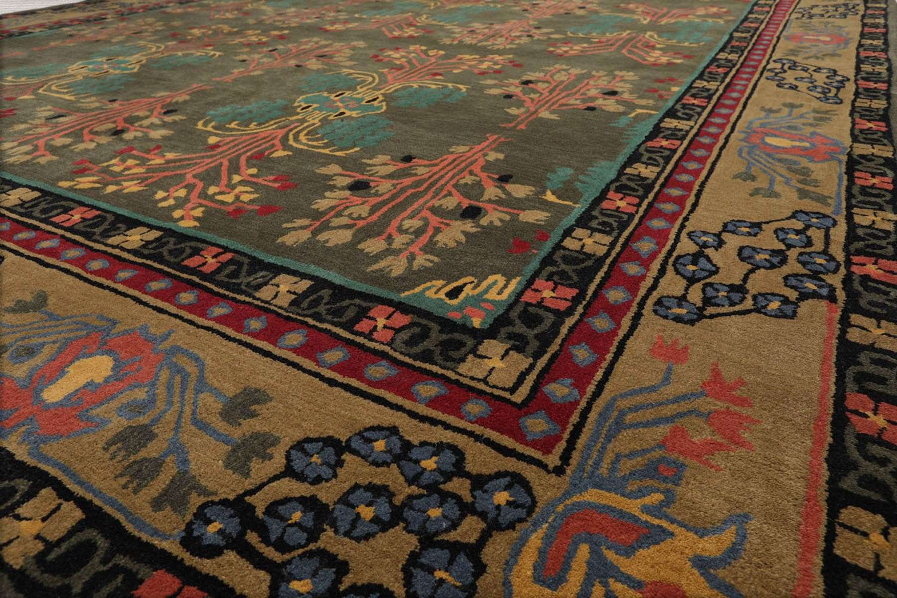 LoomBloom 6x9 Hand Tufted Hand Made 100% Wool Donegal Branches Arts & Crafts Oriental Area Rug Gray with Green Undertone,Moss Color 4