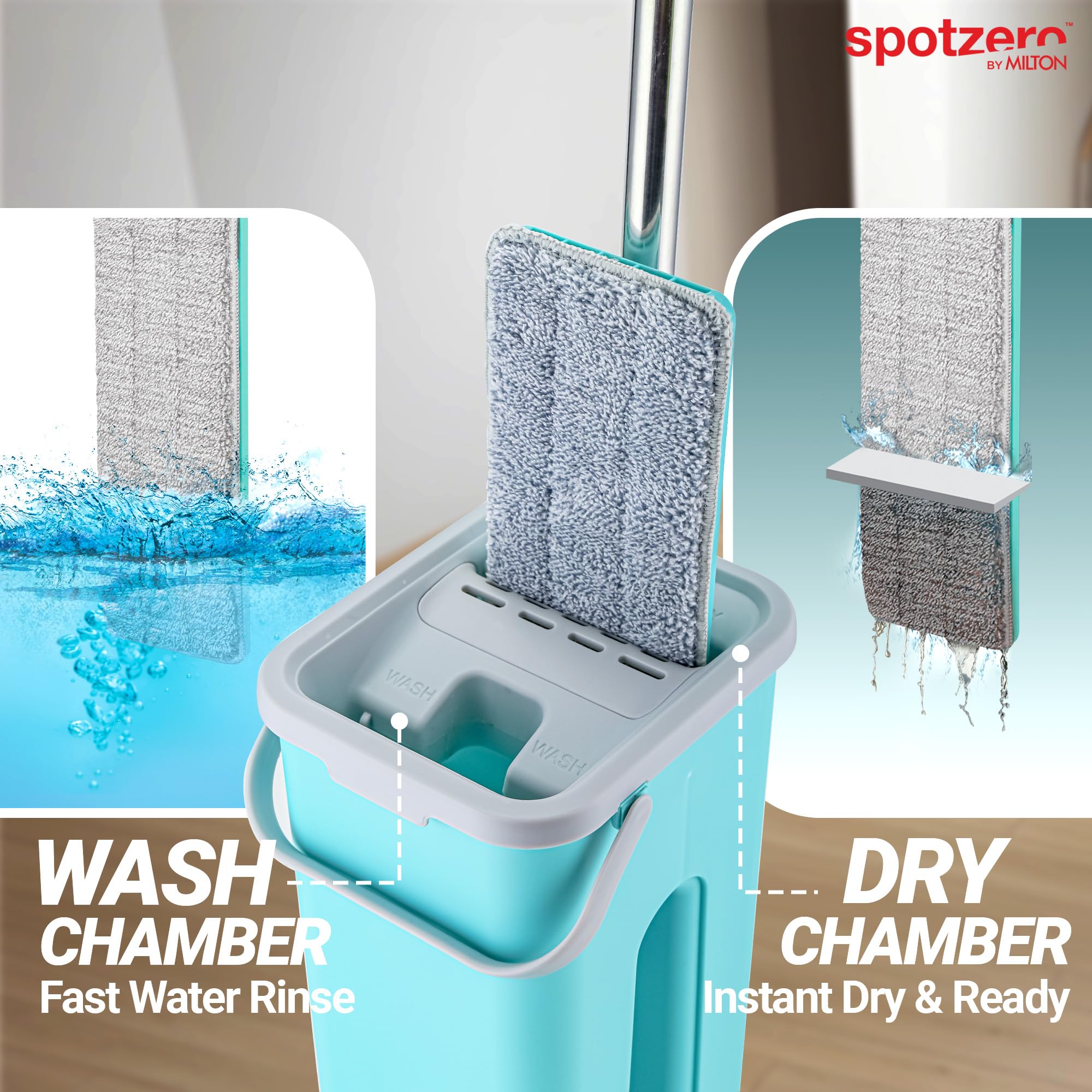 Spotzero By Milton 2-1 Flat Mop I Wash and Dry Chamber I Flexible Head I Premium 4X Absorbent Microfiber Refills I Floor Plus Wall Mop I Long Handle I Compact- Lightweight I 2.8 Litre 3